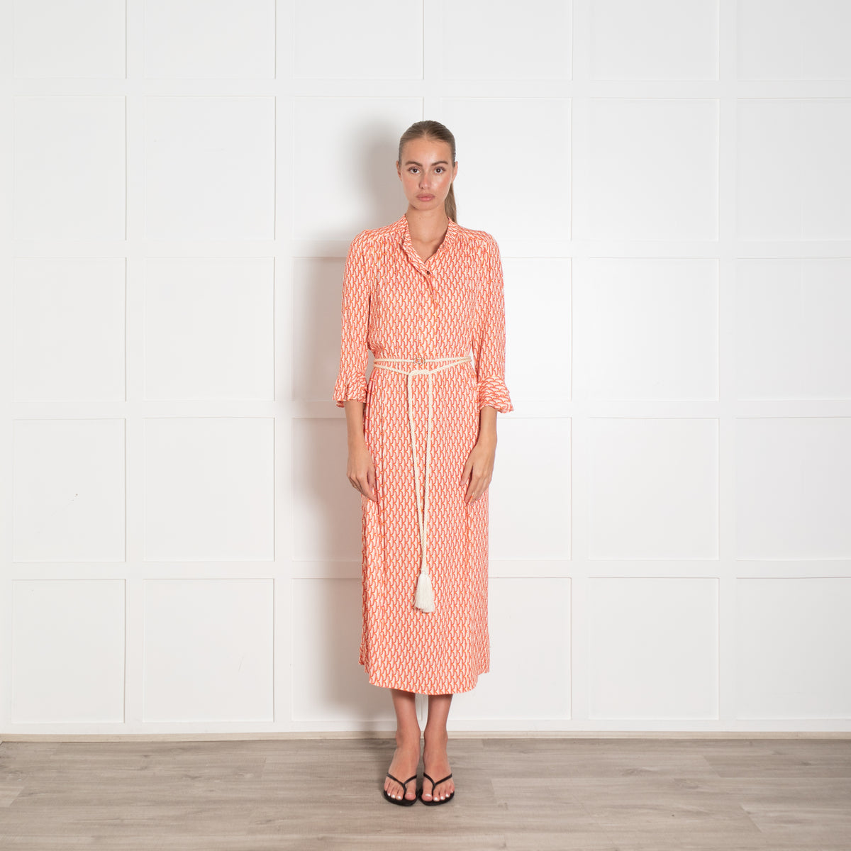 Dea Kudibal Orange Vibrant Retro Print Maxi Shirt Dress With Rope Tie