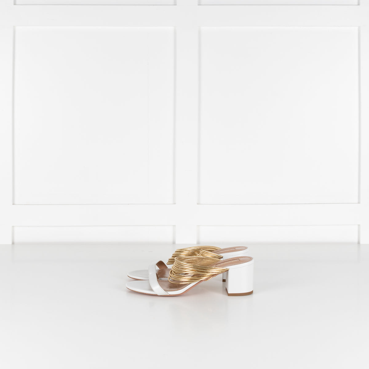 Aquazzura White Gold Leather Rendez Vous Block Heel Sandals