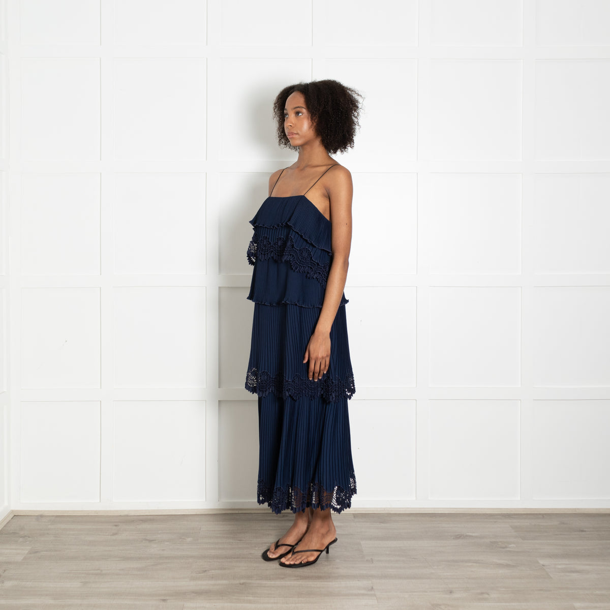 Self Portrait Navy Micro Pleat Tiered Strap Dress