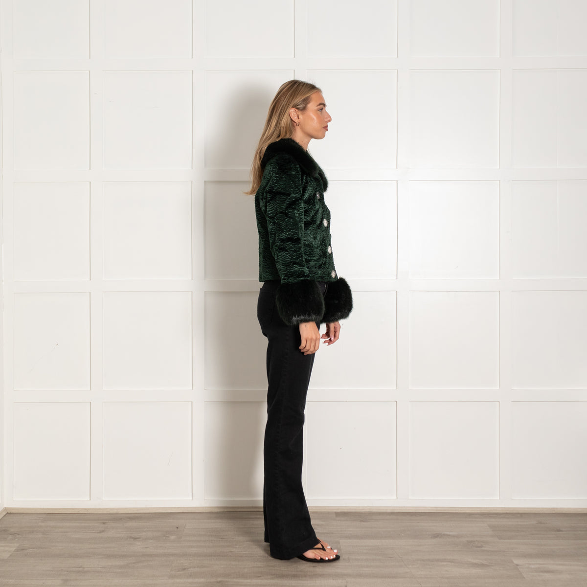 Shrimps Bottle Green Velvet Faux Fur Jacket
