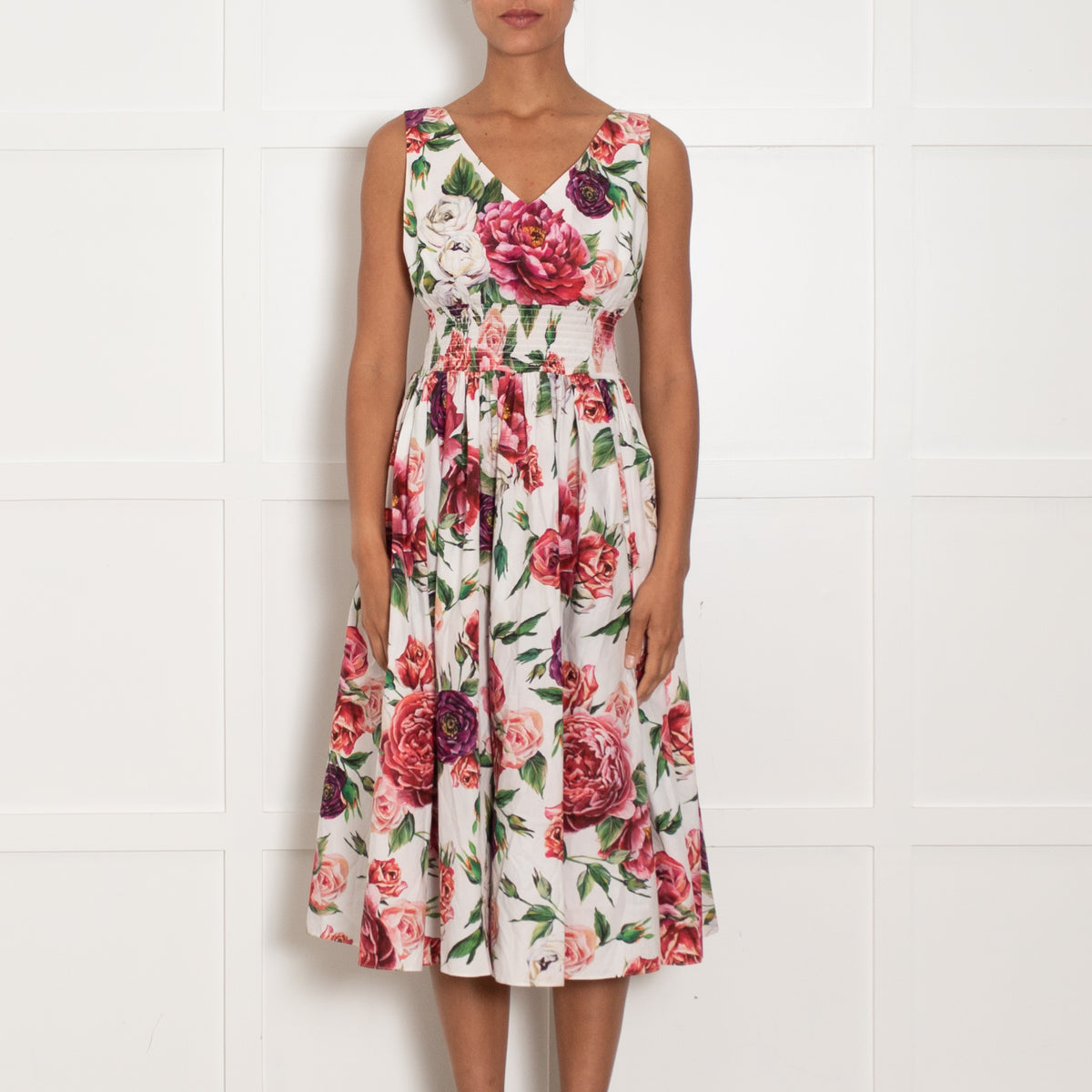 Dolce & Gabbana White Red Rose Cotton Sleeveless Dress