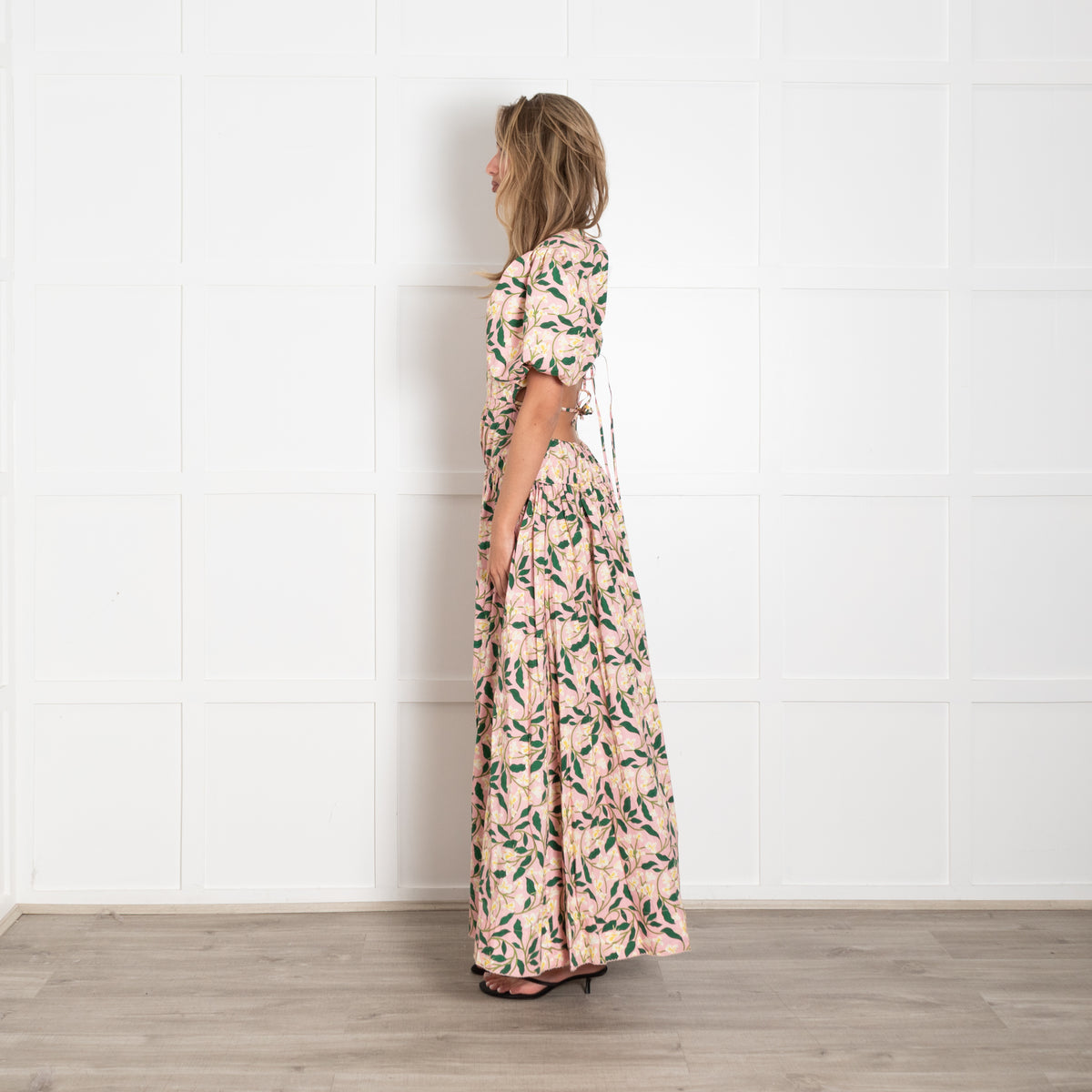 Agua Bendita Pink Green Floral Backless Puff Sleeve Maxi Dress
