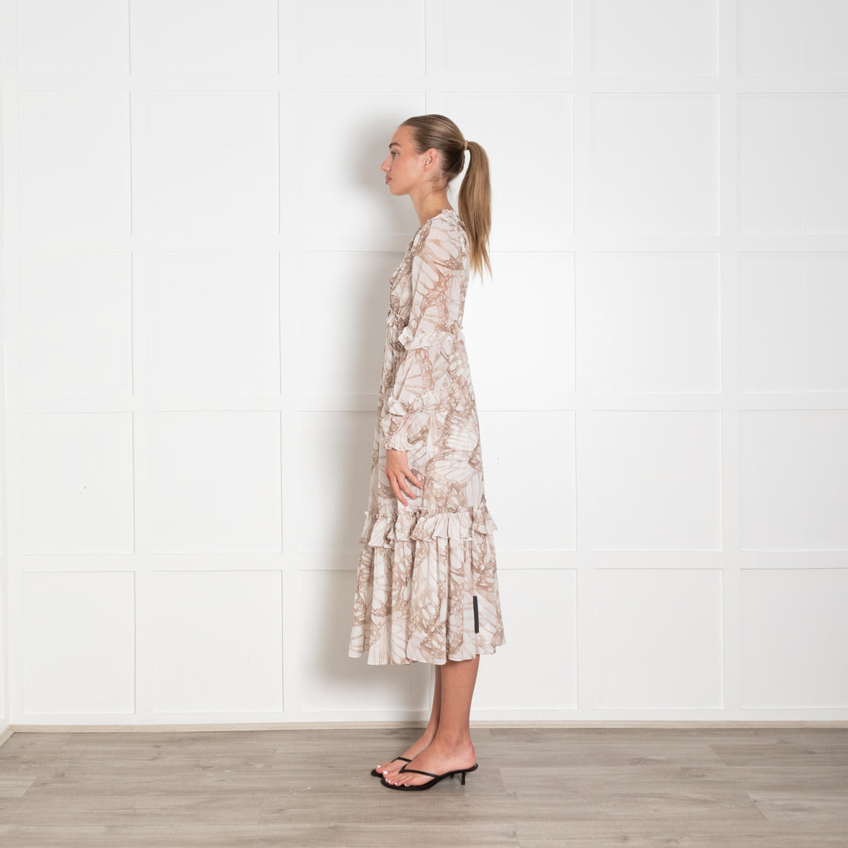 Needle & Thread Cream Beige Print Sleeved Ruffle Detail Maxi Dress