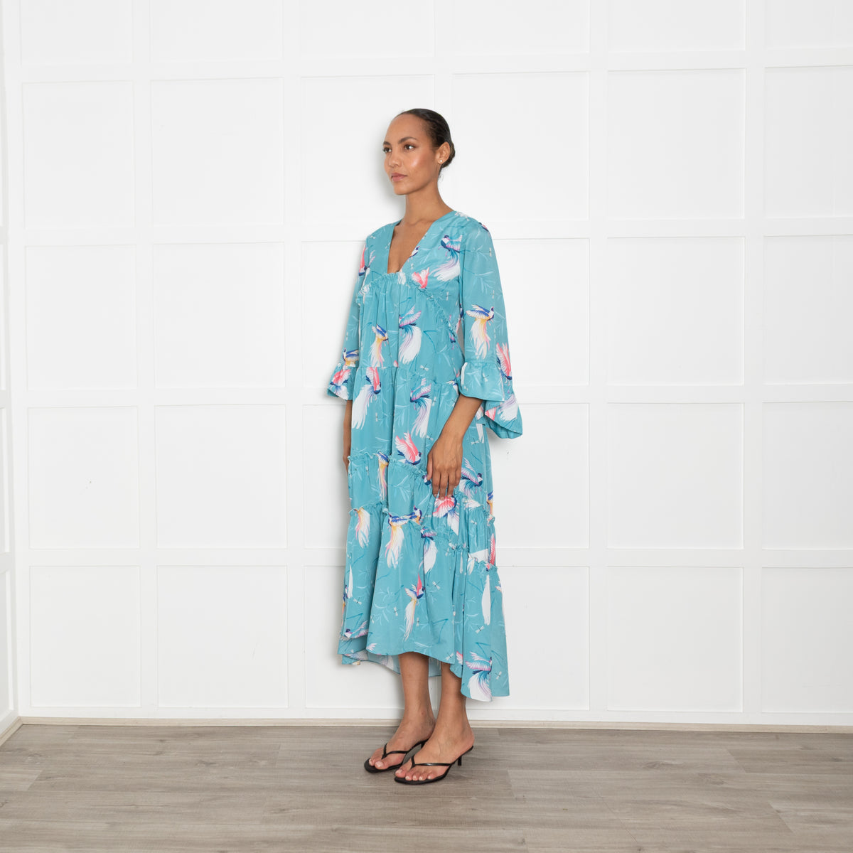 Borgo de Nor Turquoise Bird Print Tiered Maxi Dress