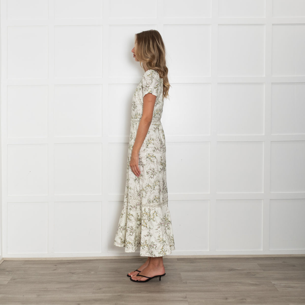 Me + Em Cream and Green Leaf Print Midi Dress