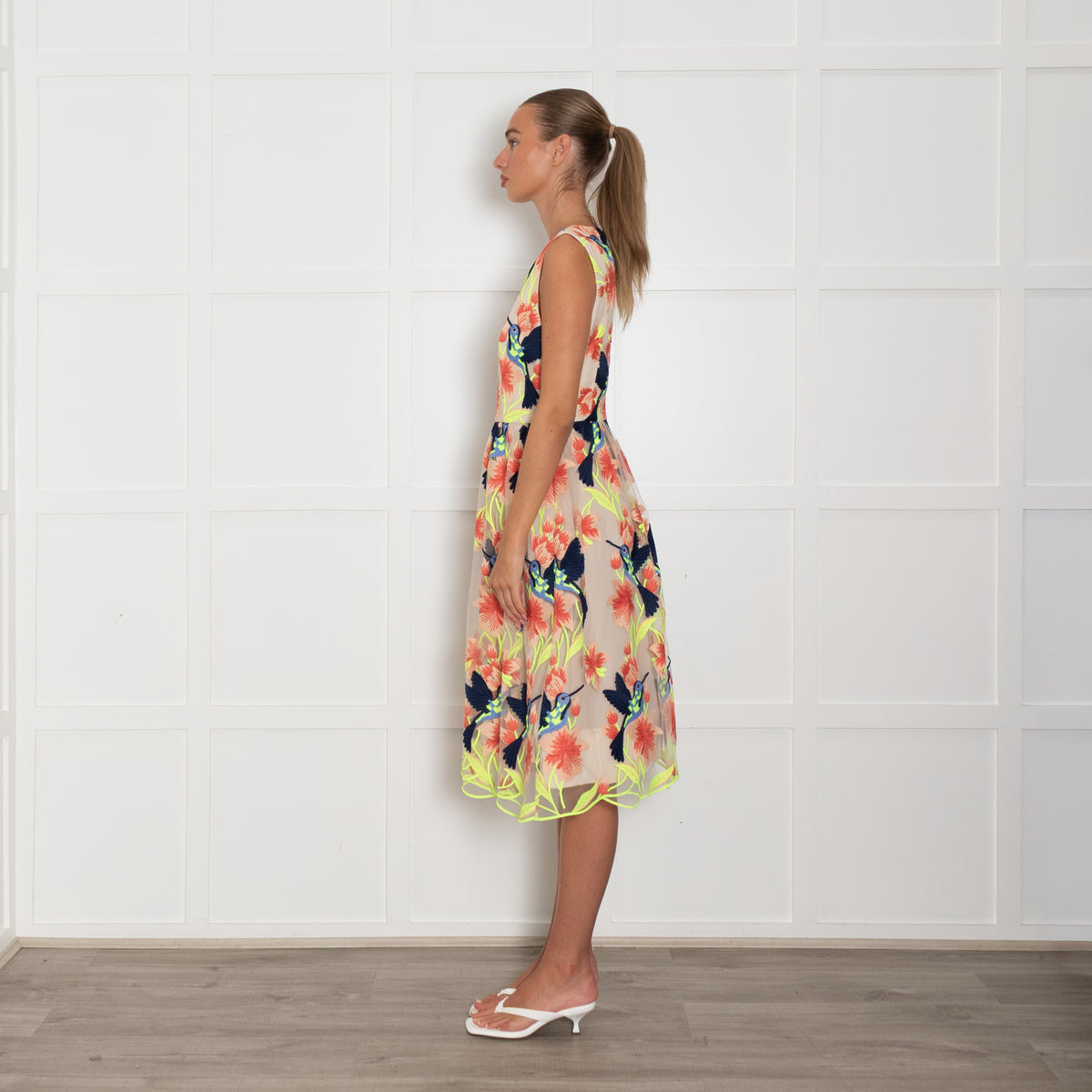 Alice + Olivia Beige Orange Neon Green Bird Embroidered Dress
