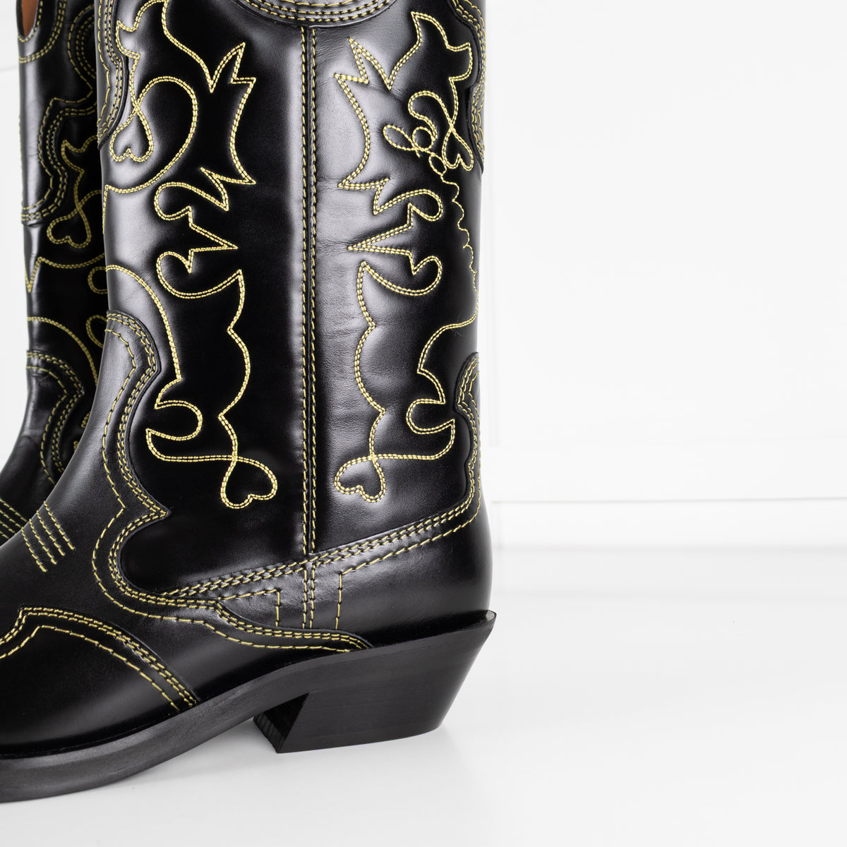 GANNI Mid Shaft Embroidered Western Boot Black/Yellow