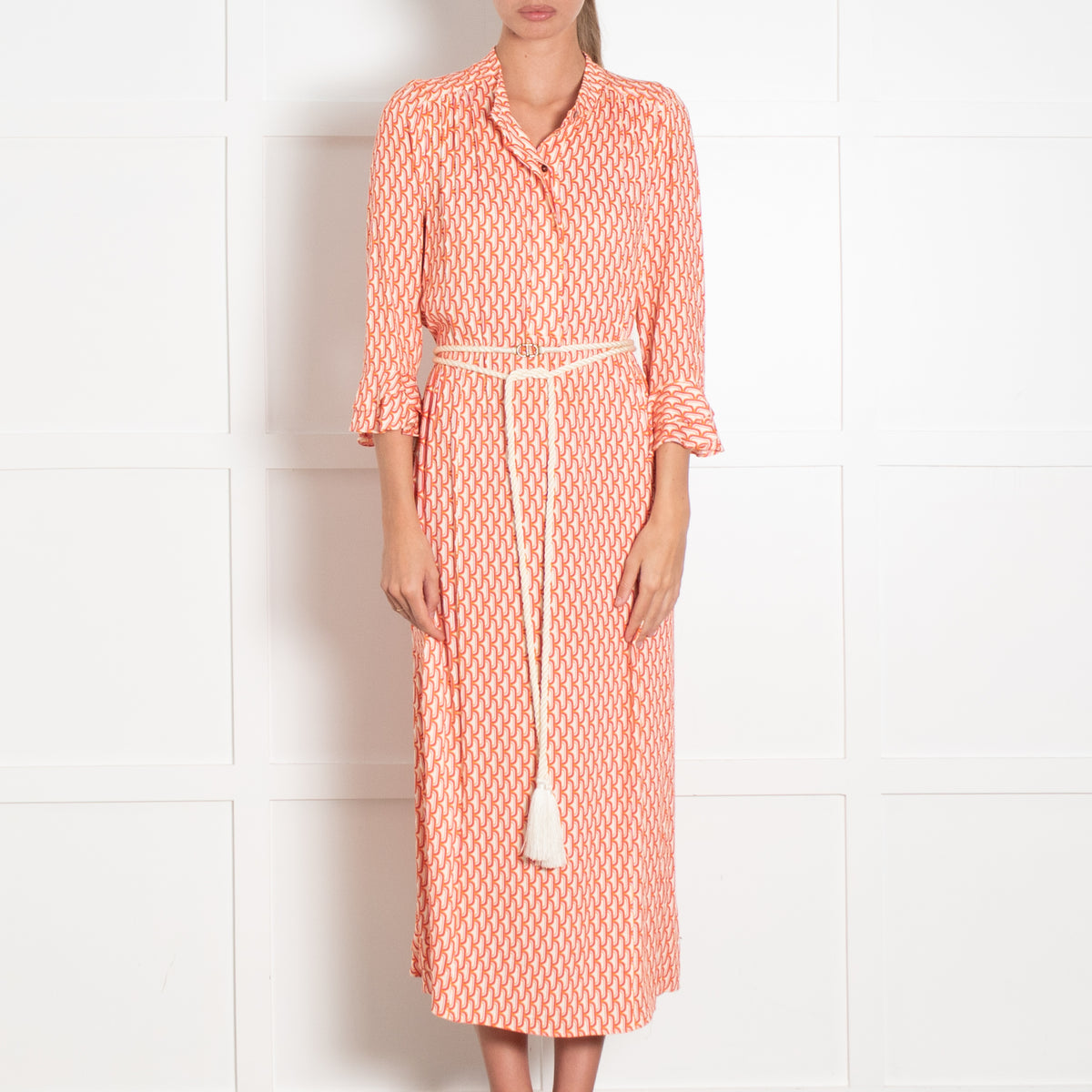 Dea Kudibal Orange Vibrant Retro Print Maxi Shirt Dress With Rope Tie
