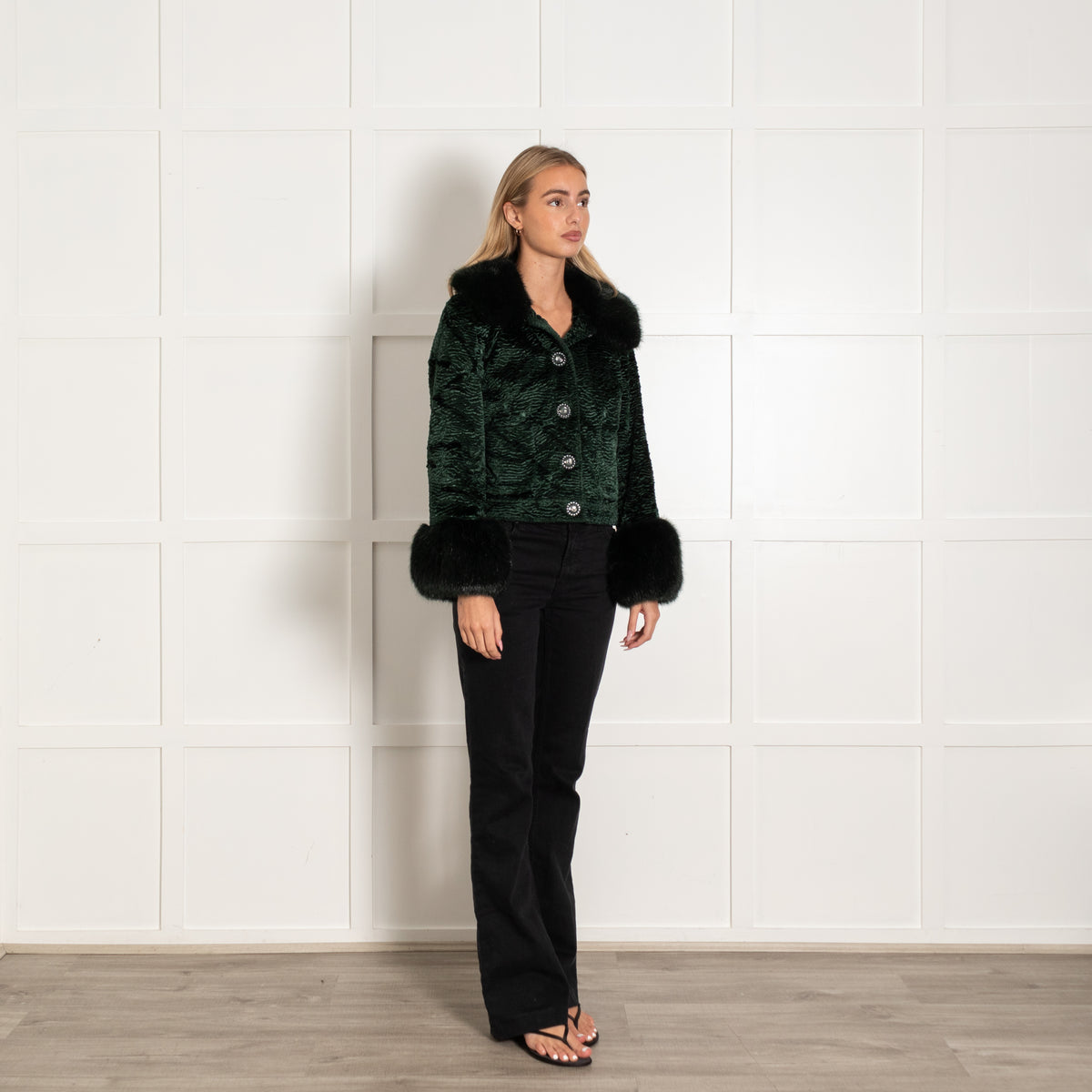 Shrimps Bottle Green Velvet Faux Fur Jacket