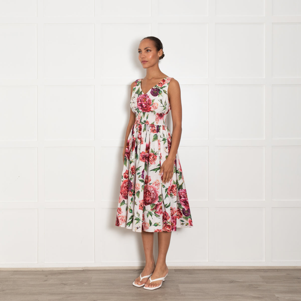 Dolce & Gabbana White Red Rose Cotton Sleeveless Dress