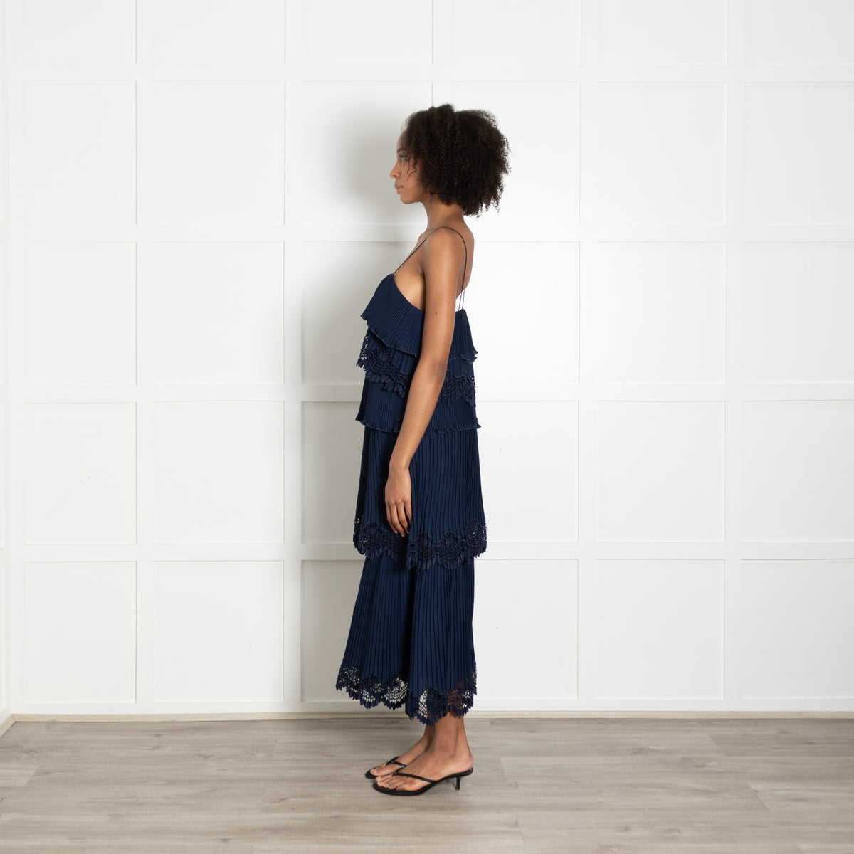 Self Portrait Navy Micro Pleat Tiered Strap Dress