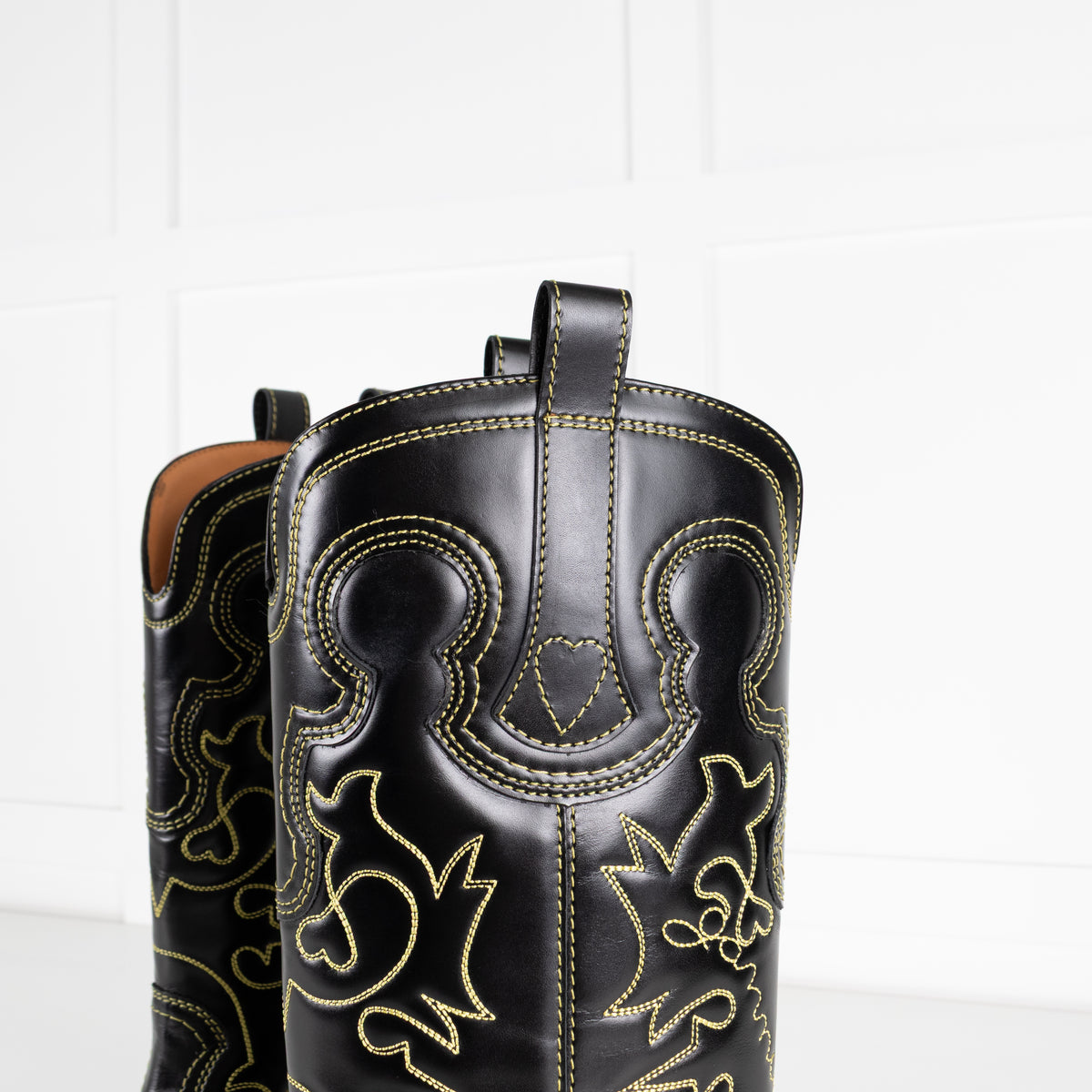 GANNI Mid Shaft Embroidered Western Boot Black/Yellow