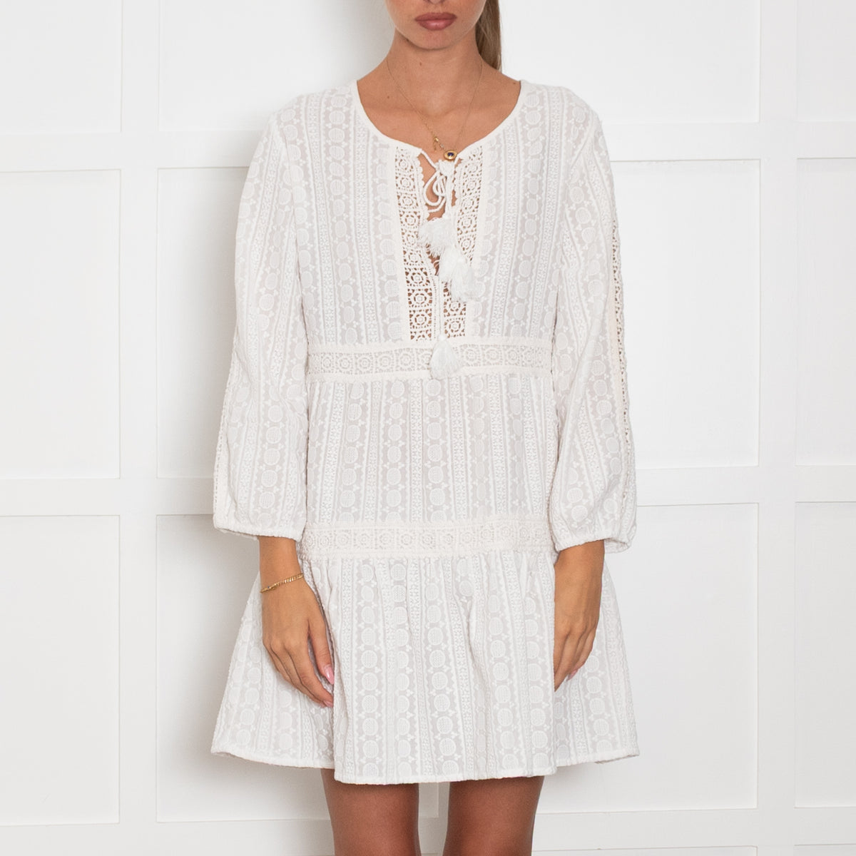 Melissa Odabash Cream Embroidery Short Kaftan Dress