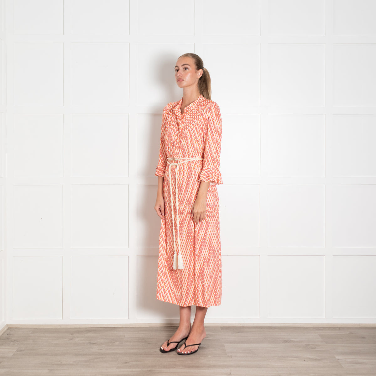 Dea Kudibal Orange Vibrant Retro Print Maxi Shirt Dress With Rope Tie