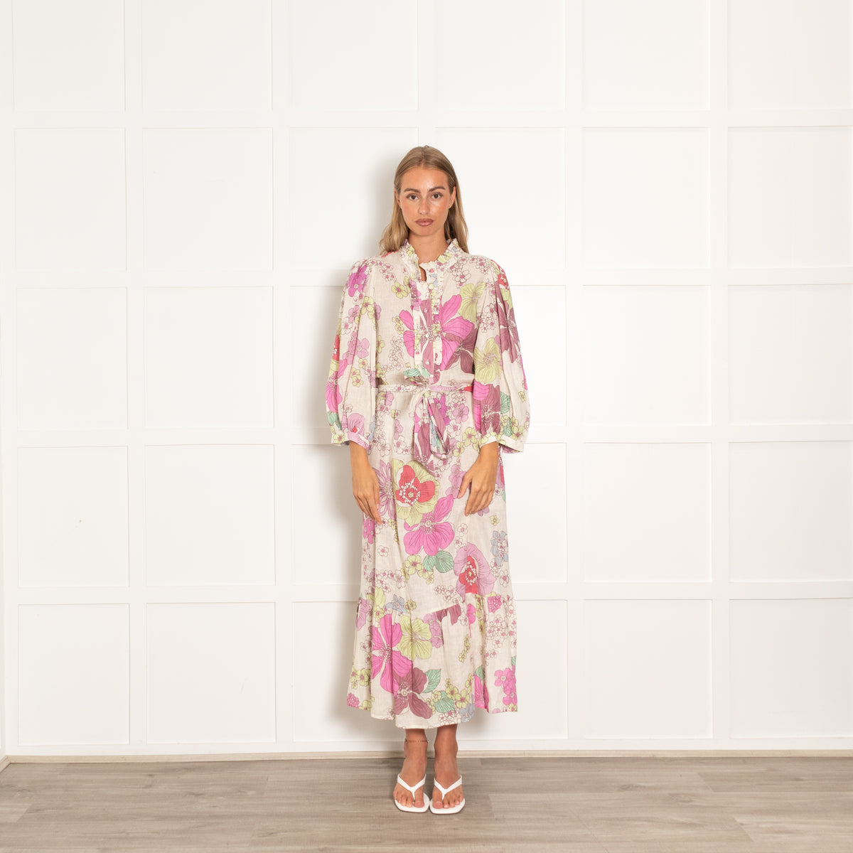 Dea Kudibal Cream Lilac Floral Linen Belted Dress