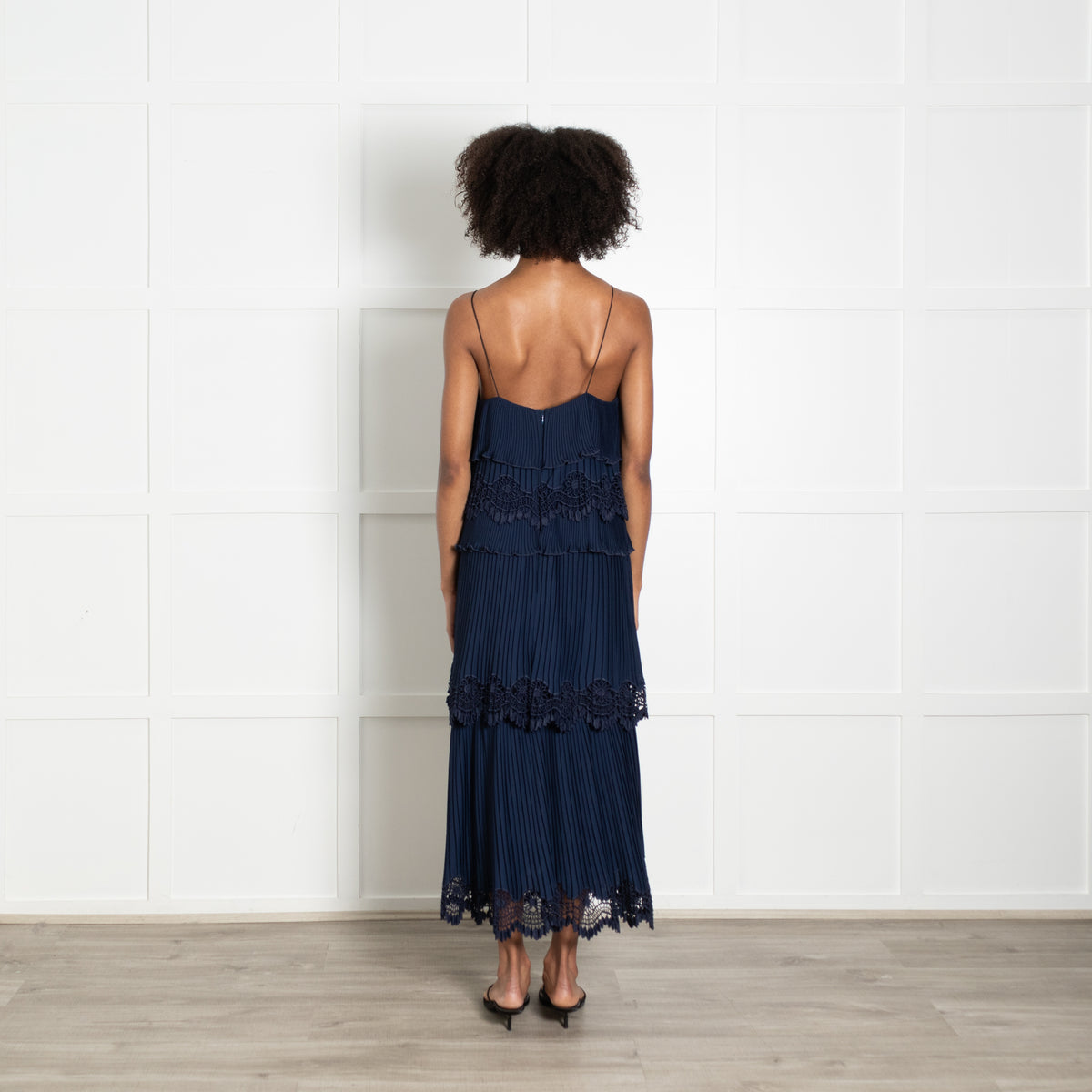 Self Portrait Navy Micro Pleat Tiered Strap Dress
