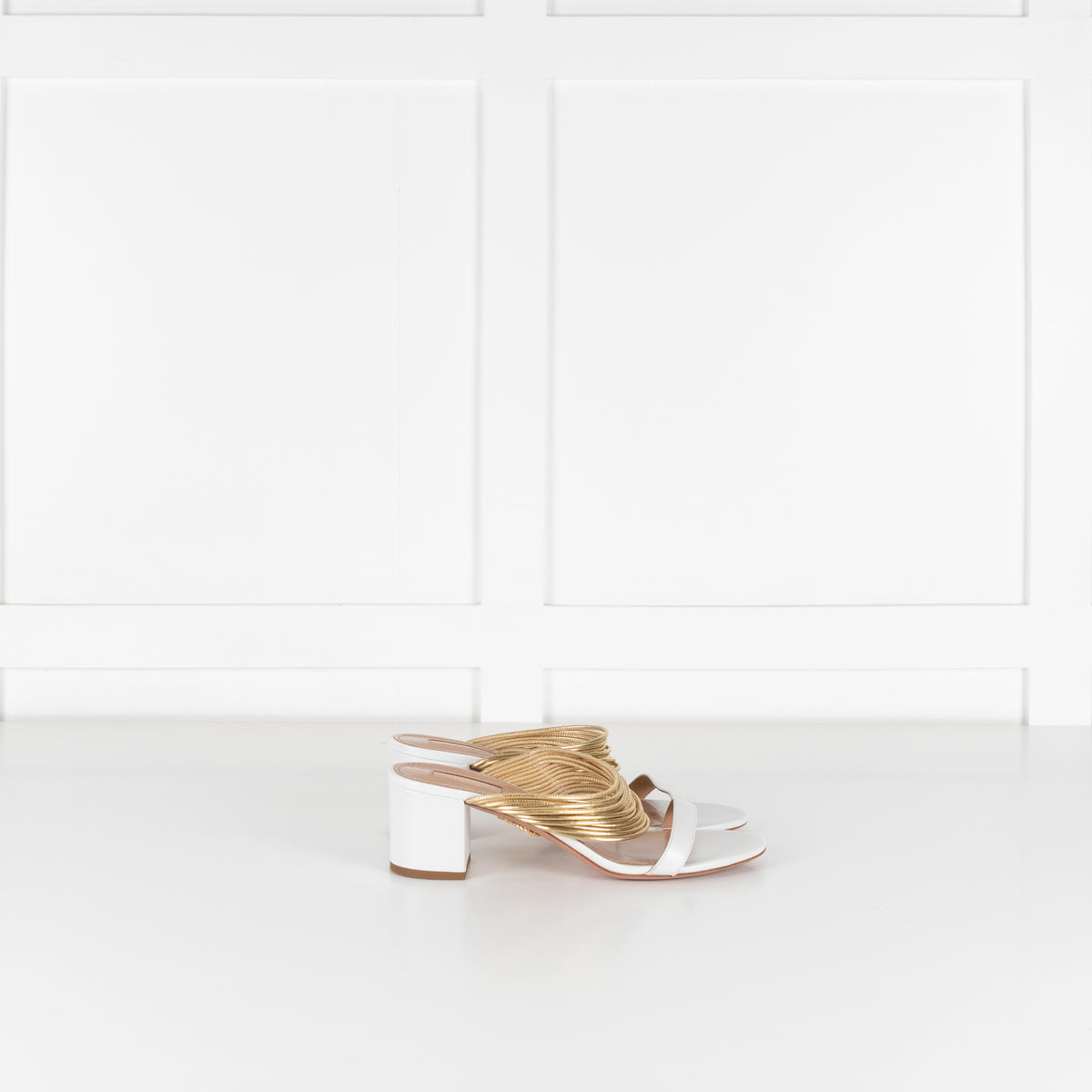 Aquazzura White Gold Leather Rendez Vous Block Heel Sandals