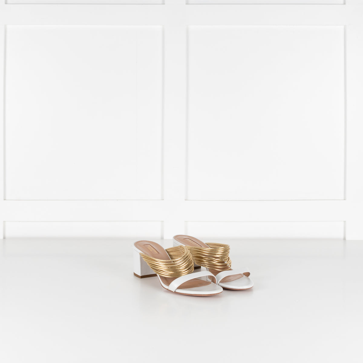 Aquazzura White Gold Leather Rendez Vous Block Heel Sandals