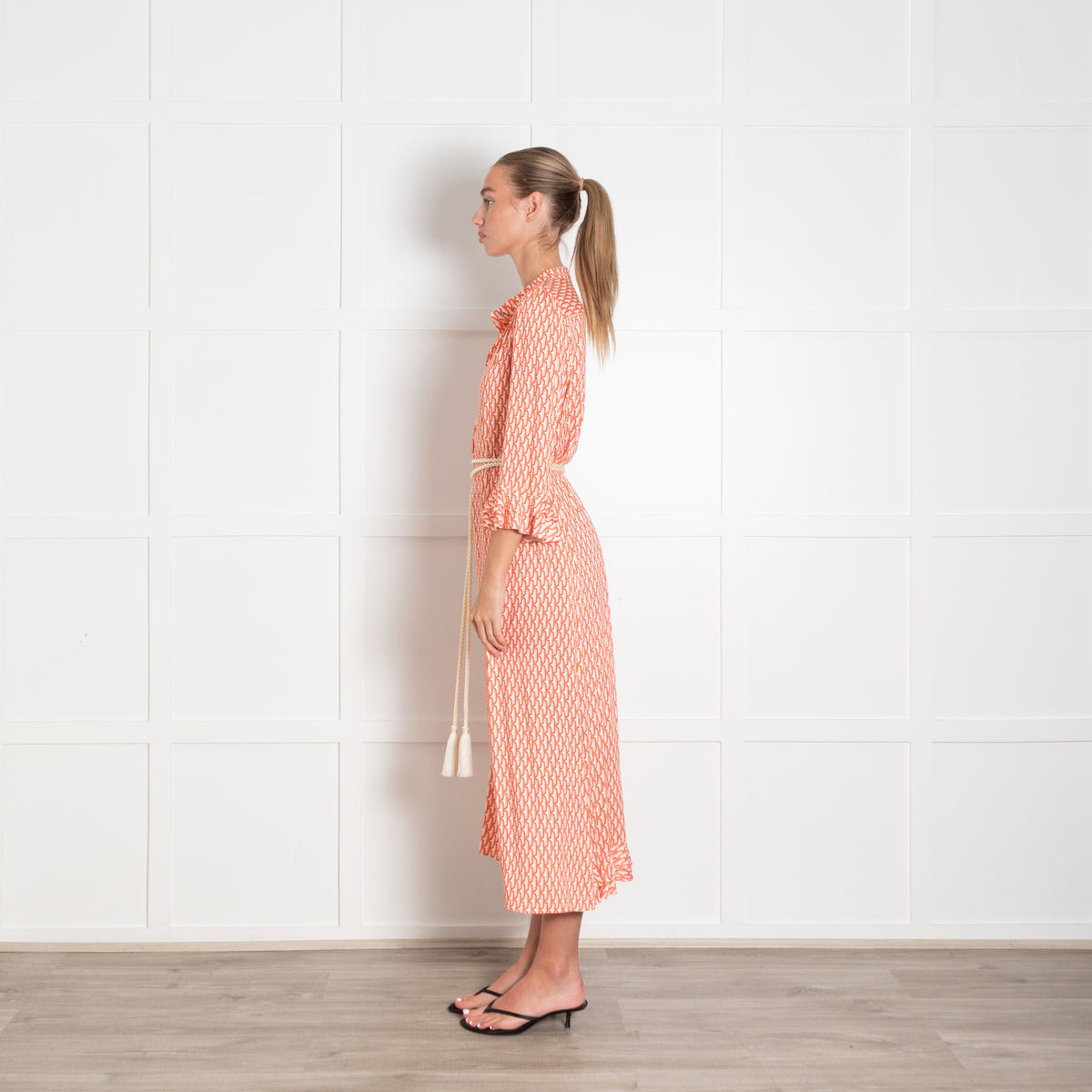 Dea Kudibal Orange Vibrant Retro Print Maxi Shirt Dress With Rope Tie