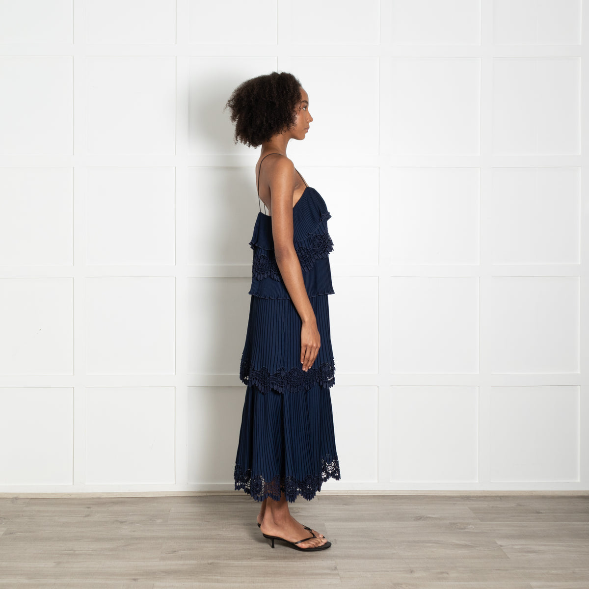 Self Portrait Navy Micro Pleat Tiered Strap Dress