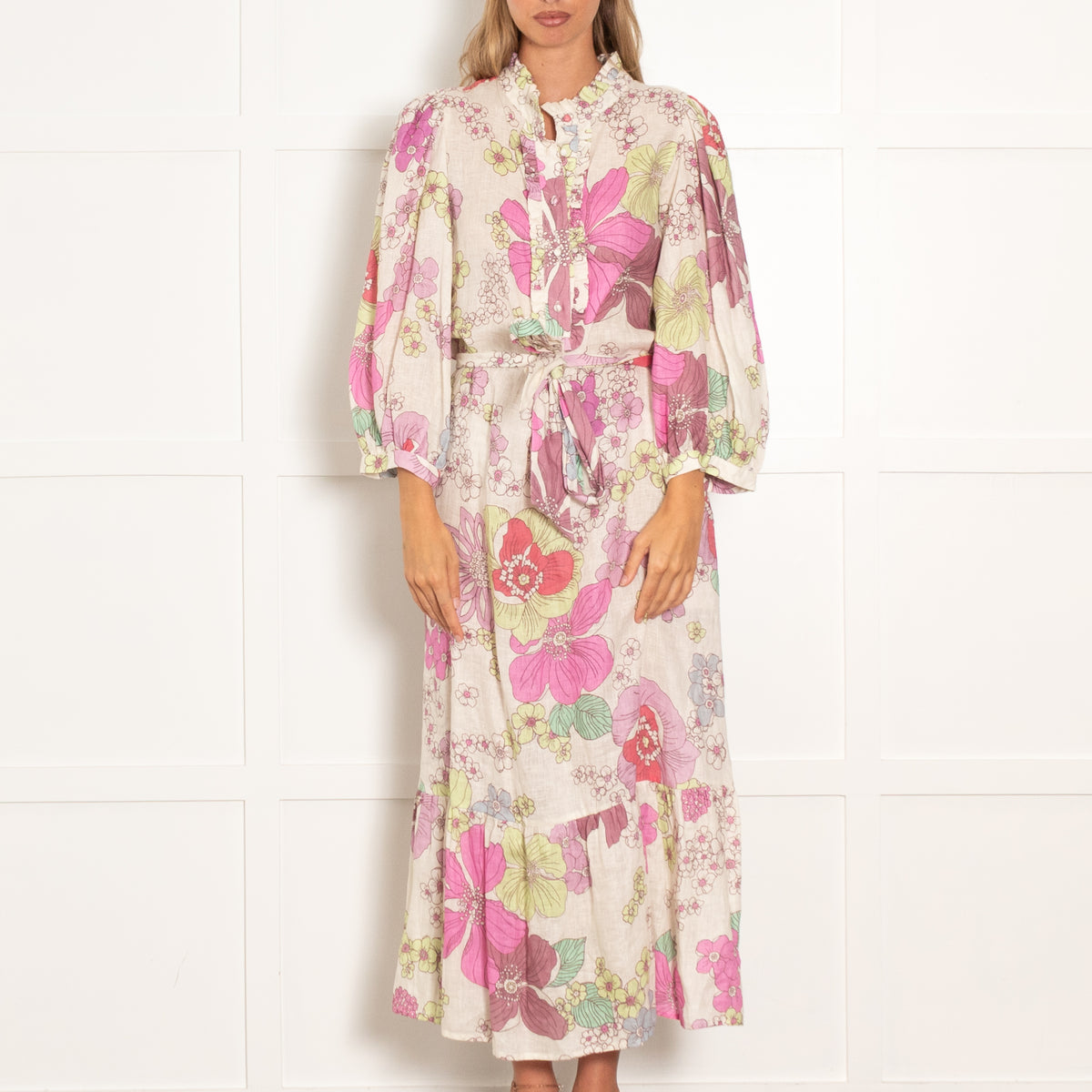 Dea Kudibal Cream Lilac Floral Linen Belted Dress