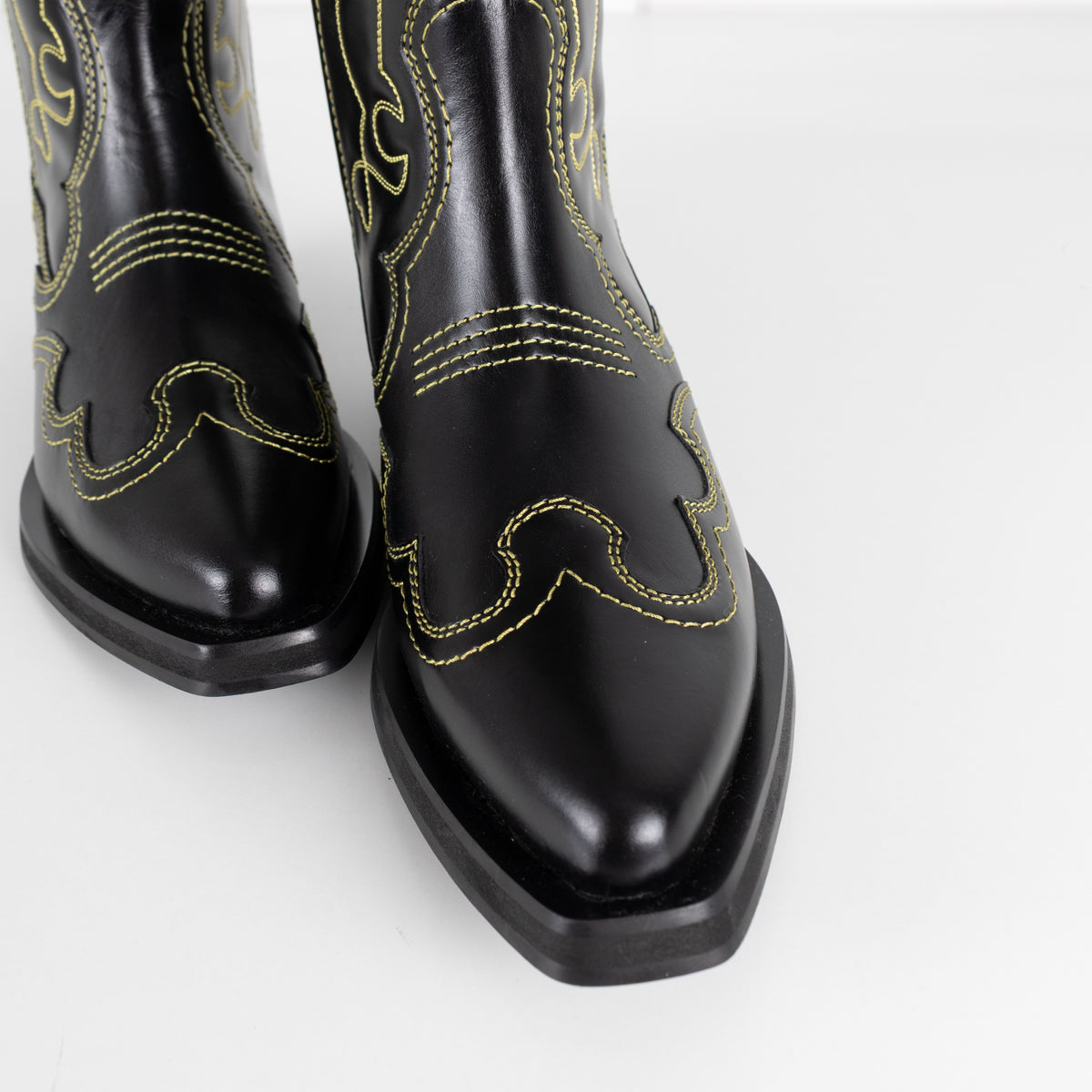 GANNI Mid Shaft Embroidered Western Boot Black/Yellow