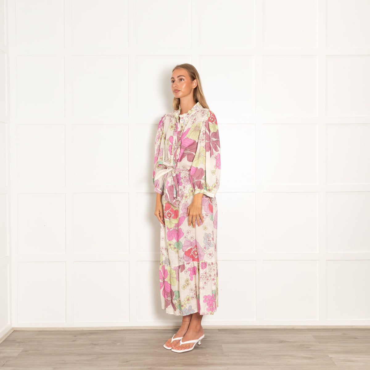 Dea Kudibal Cream Lilac Floral Linen Belted Dress