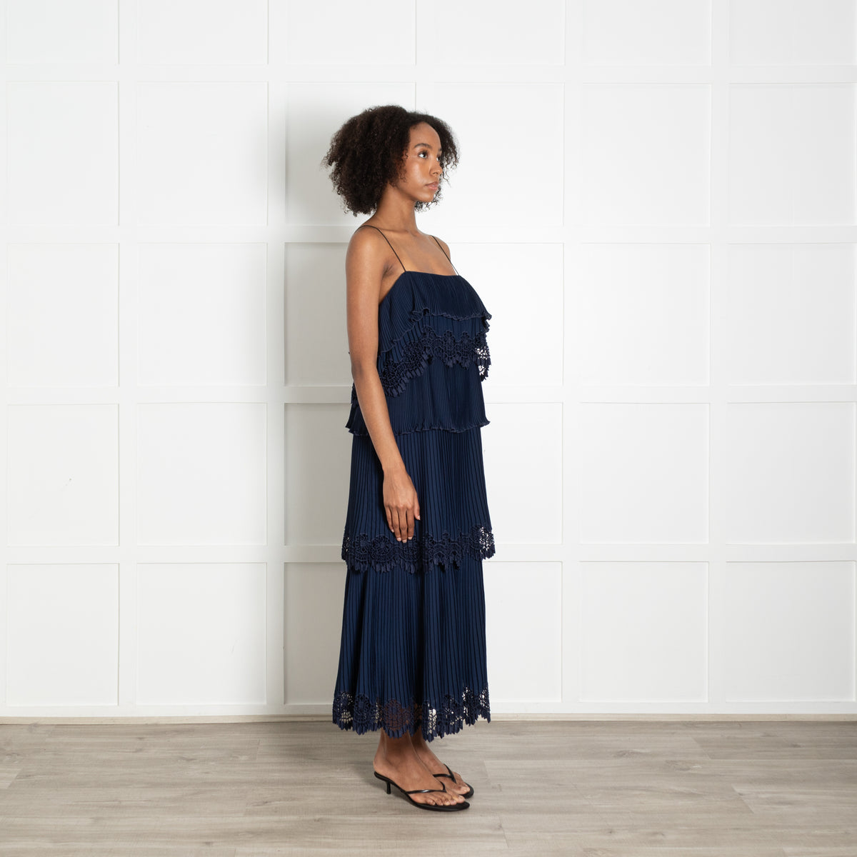 Self Portrait Navy Micro Pleat Tiered Strap Dress
