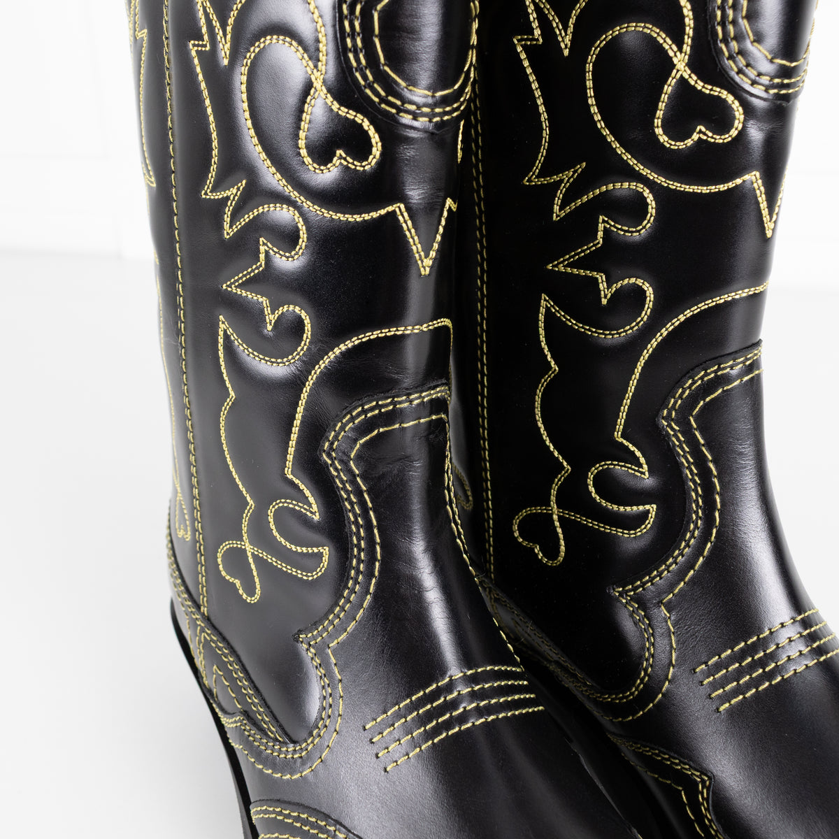 GANNI Mid Shaft Embroidered Western Boot Black/Yellow