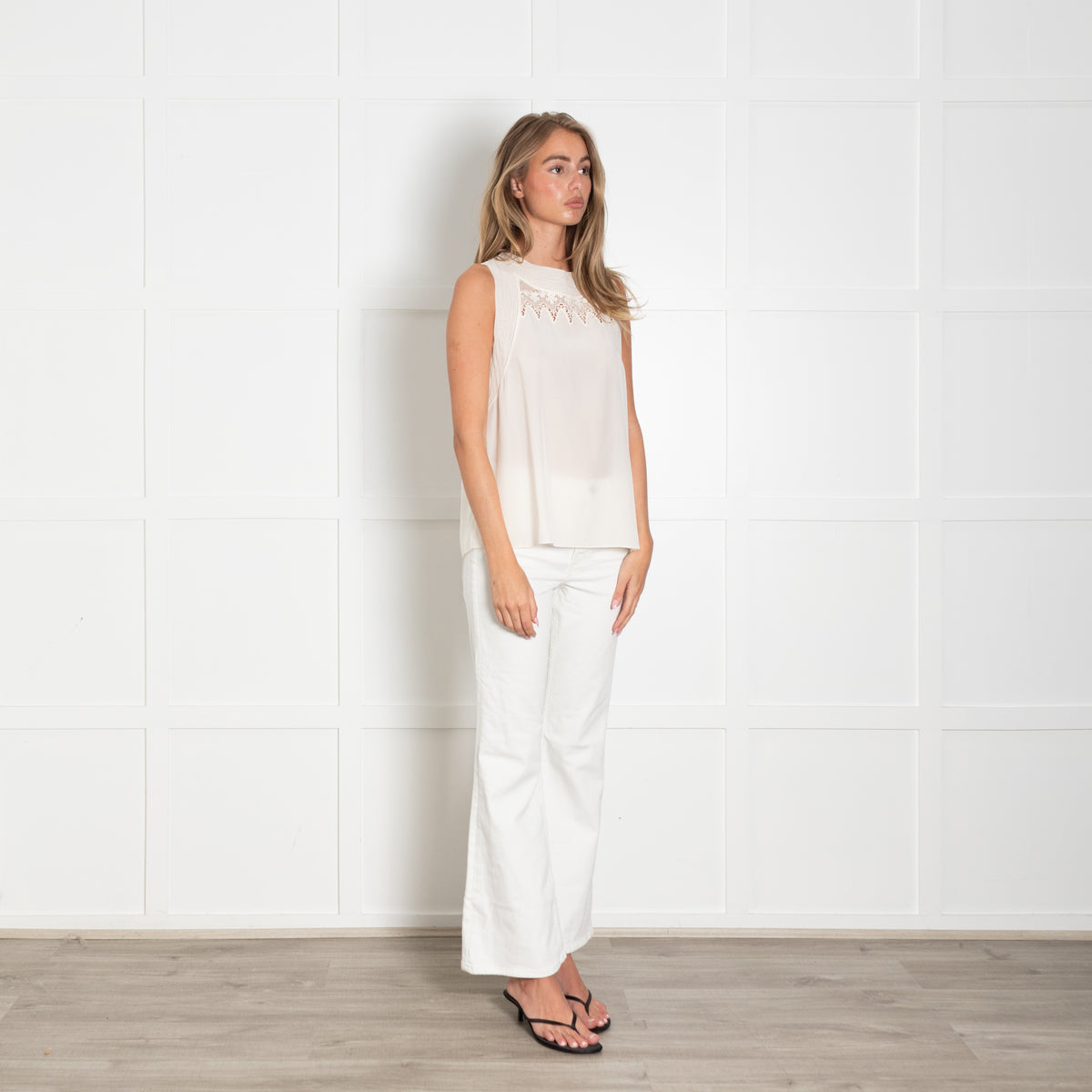 Vanessa Bruno Cream Silk Lace Insert Sleeveless Top
