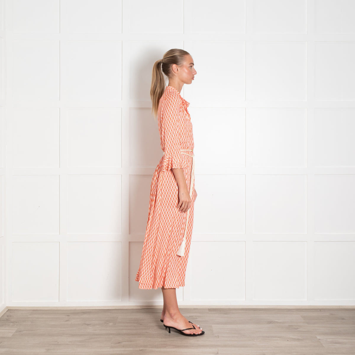 Dea Kudibal Orange Vibrant Retro Print Maxi Shirt Dress With Rope Tie
