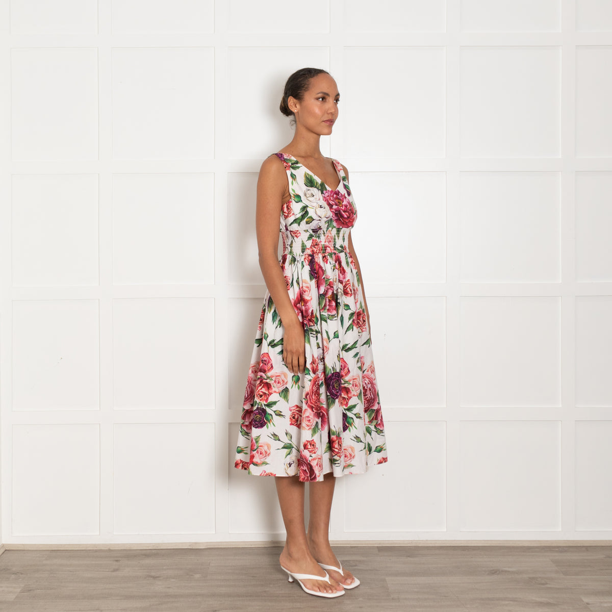 Dolce & Gabbana White Red Rose Cotton Sleeveless Dress