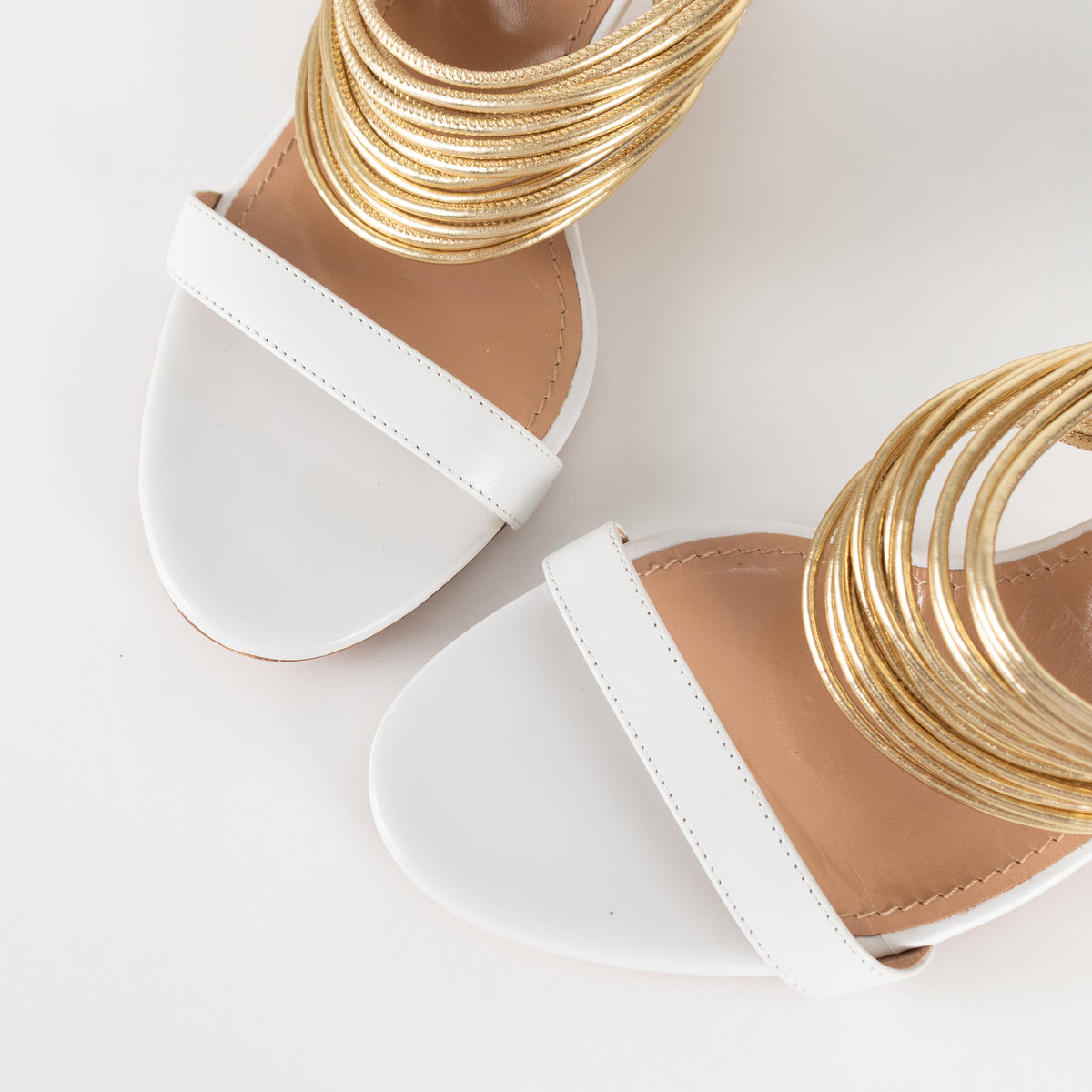 Aquazzura White Gold Leather Rendez Vous Block Heel Sandals