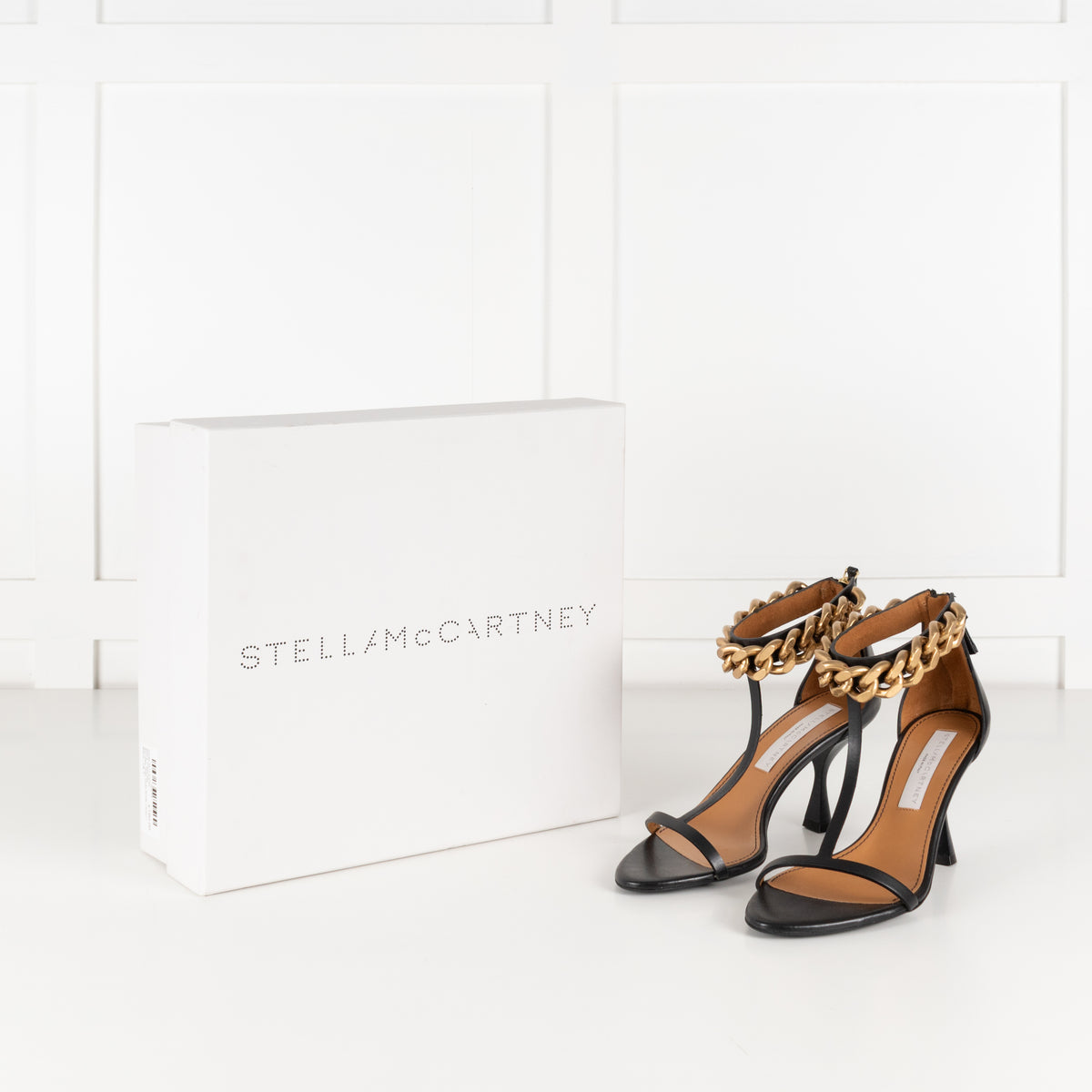 Stella McCartney Black Falabella Sandals With Gold Ankle Chain