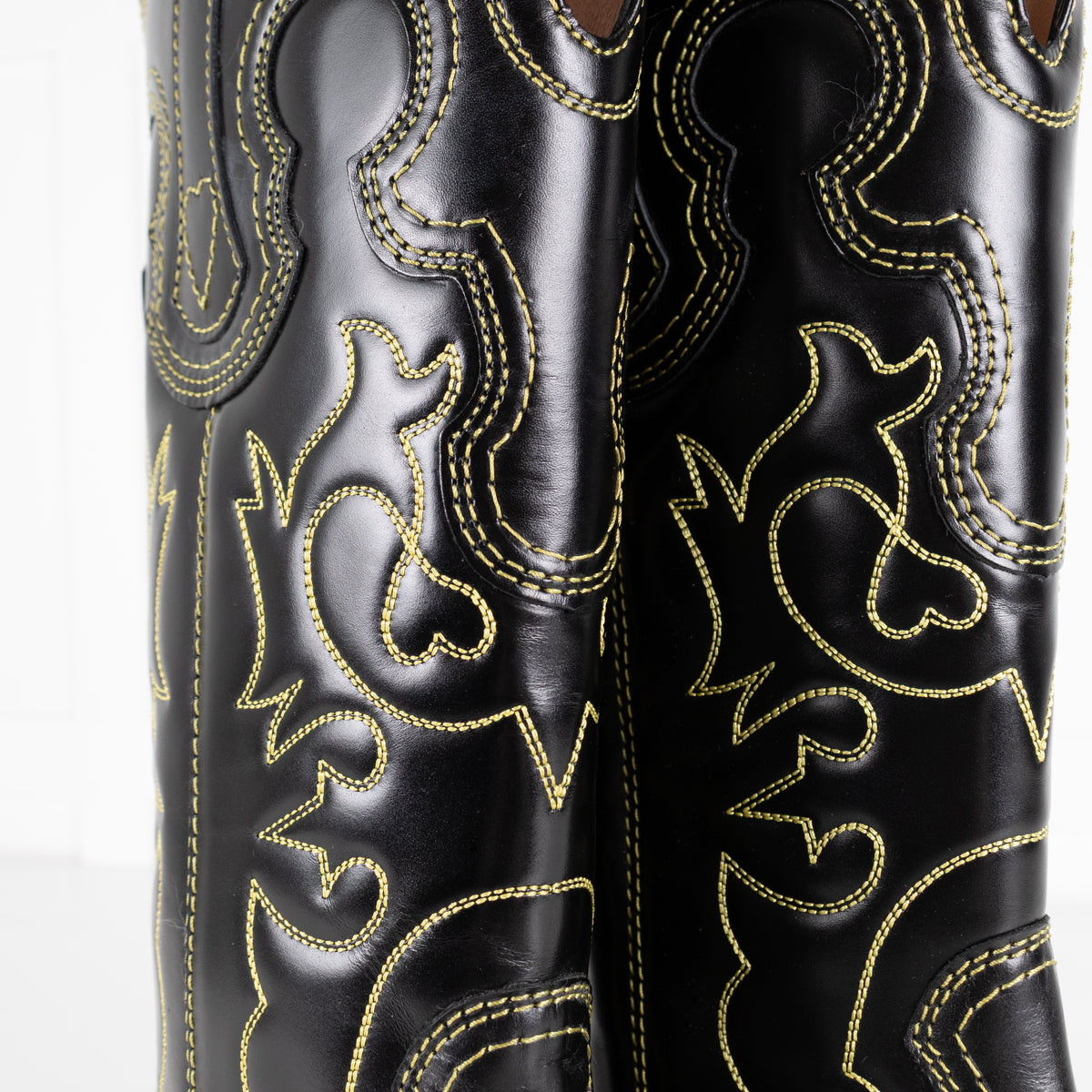 GANNI Mid Shaft Embroidered Western Boot Black/Yellow