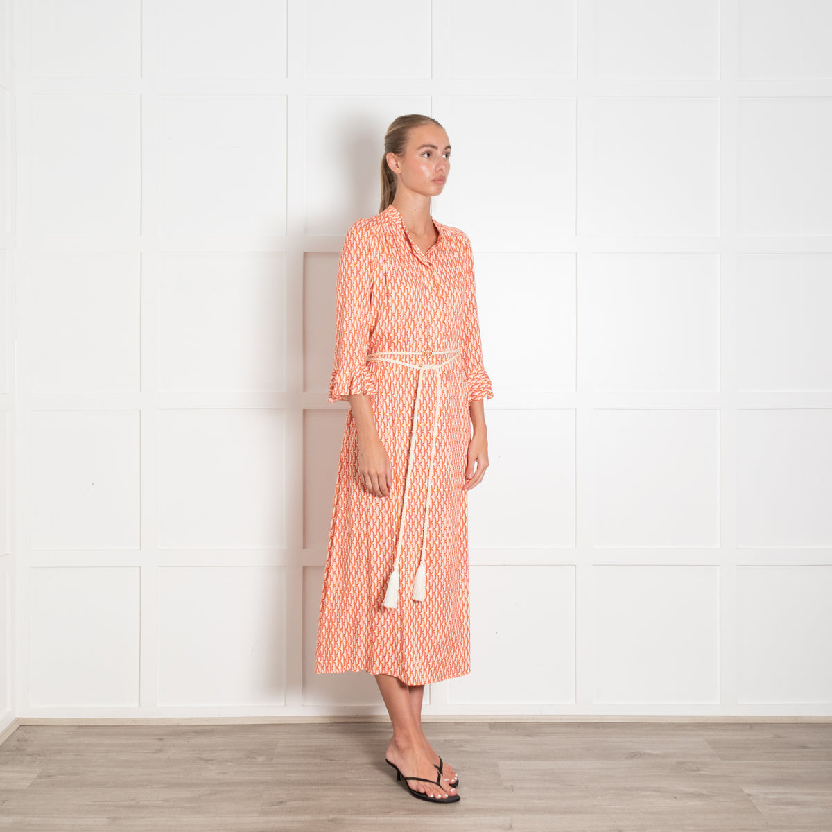 Dea Kudibal Orange Vibrant Retro Print Maxi Shirt Dress With Rope Tie