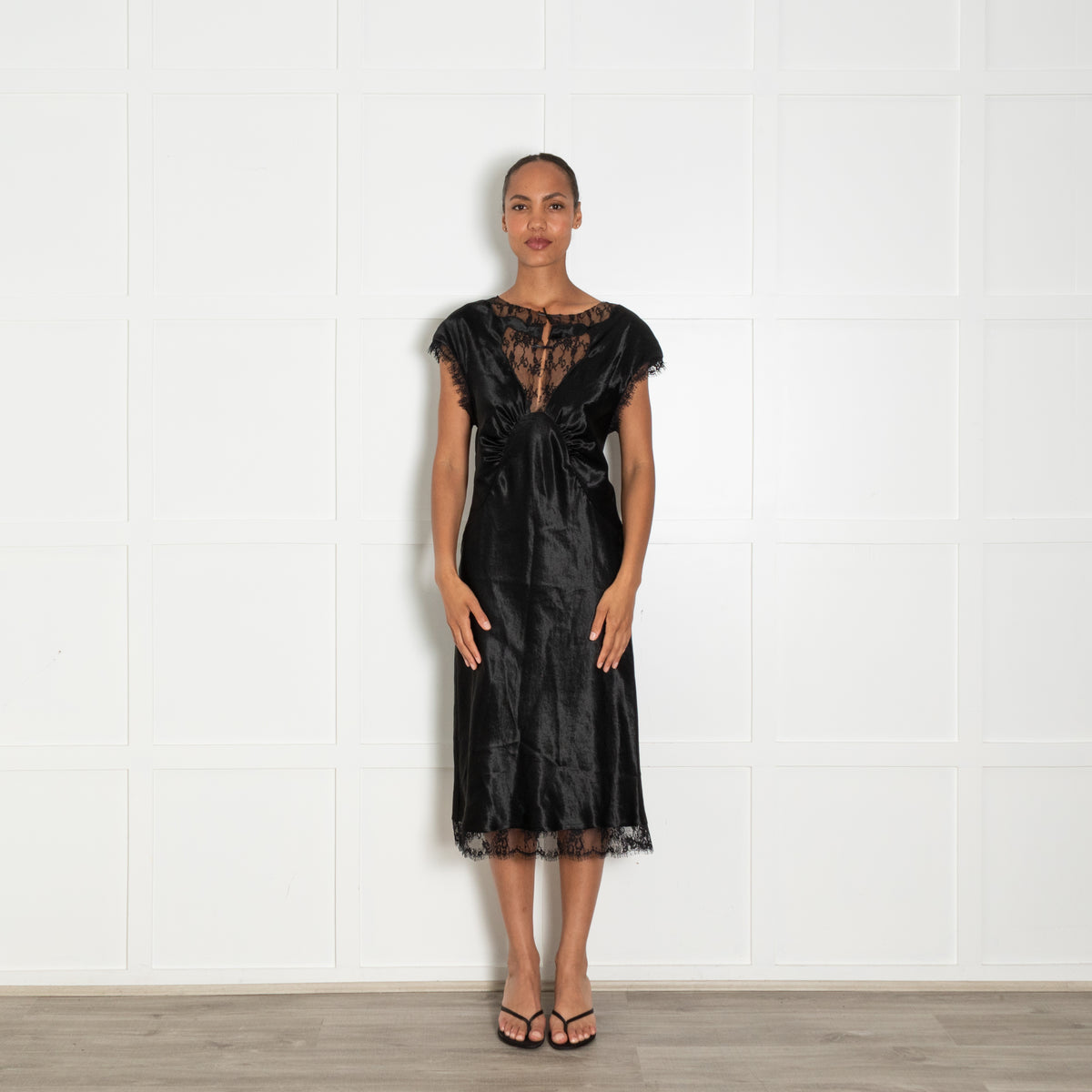 Collina Strada Black Lace Detail Sleeveless Silky Dress
