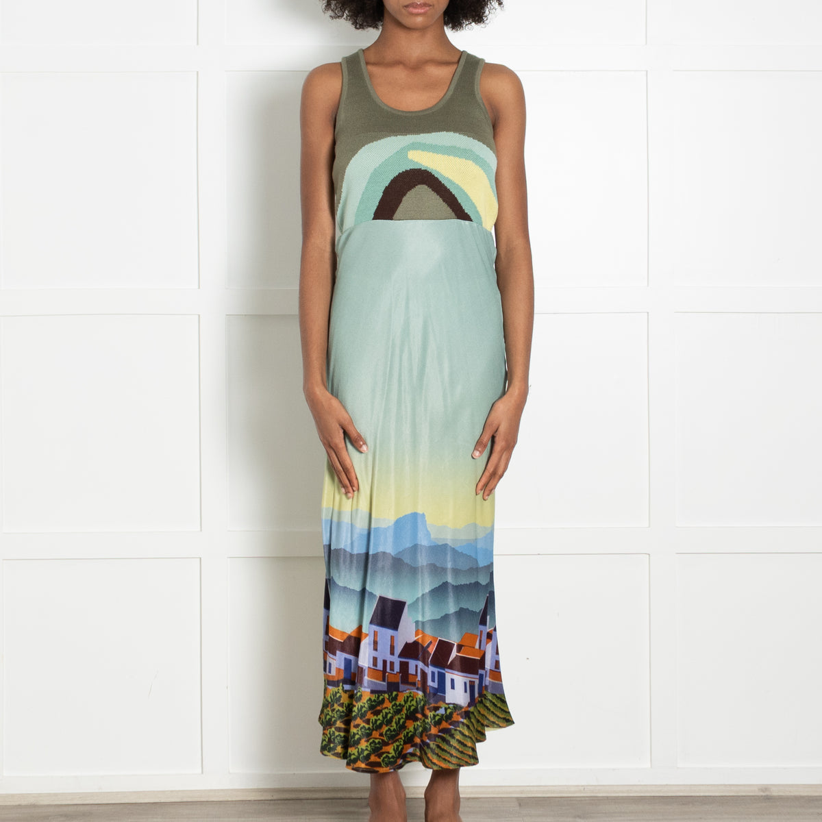 Conditions Apply Sage Green Yellow Khaki Print Sleeveless Dress