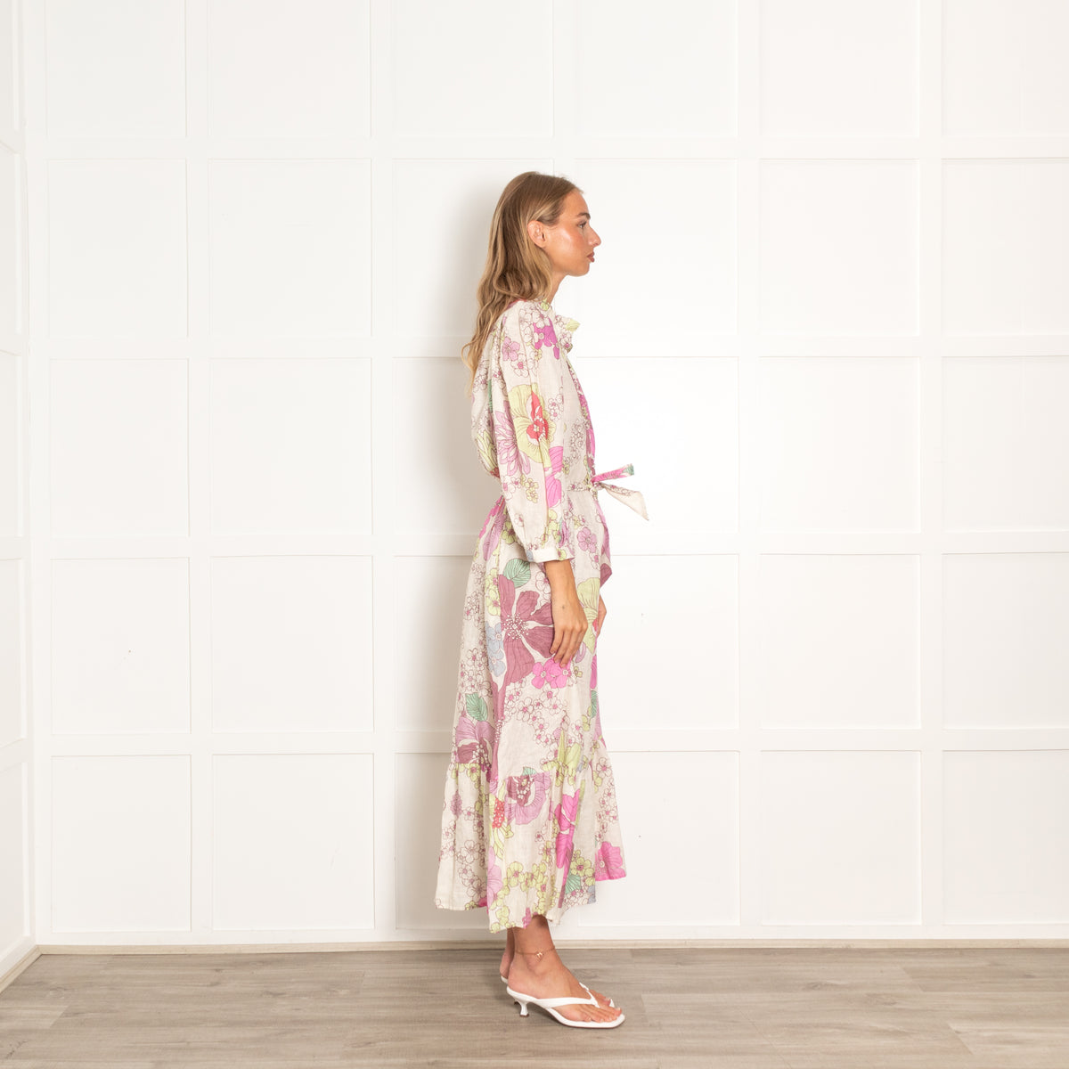 Dea Kudibal Cream Lilac Floral Linen Belted Dress