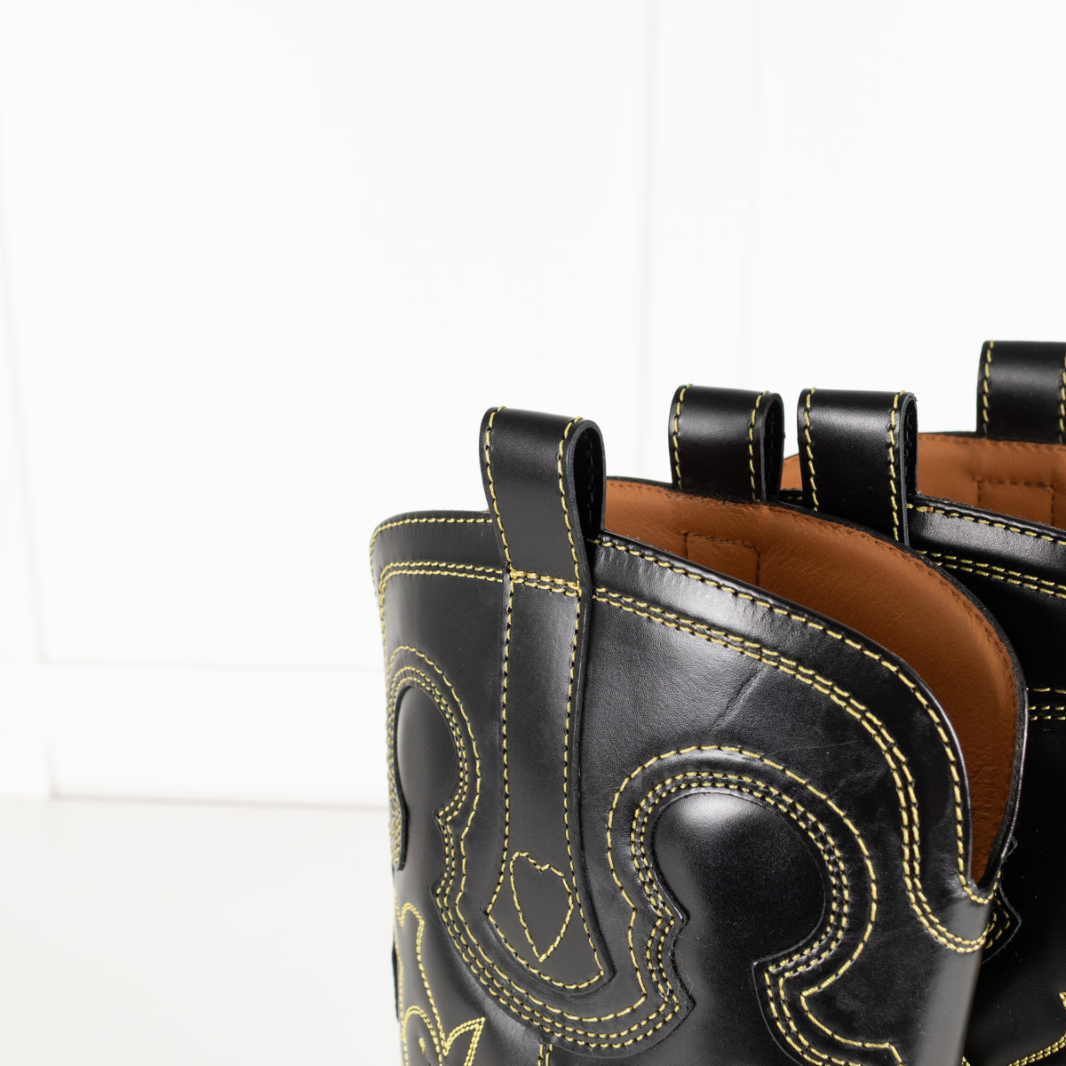 GANNI Mid Shaft Embroidered Western Boot Black/Yellow