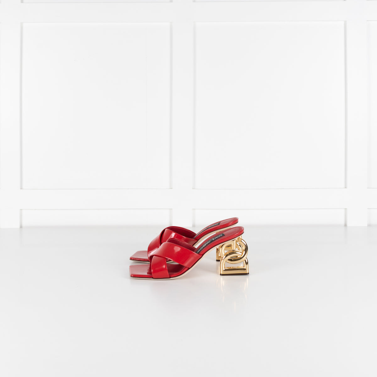 Dolce & Gabbana Red Patent Leather Mules With Gold Monogram Heel