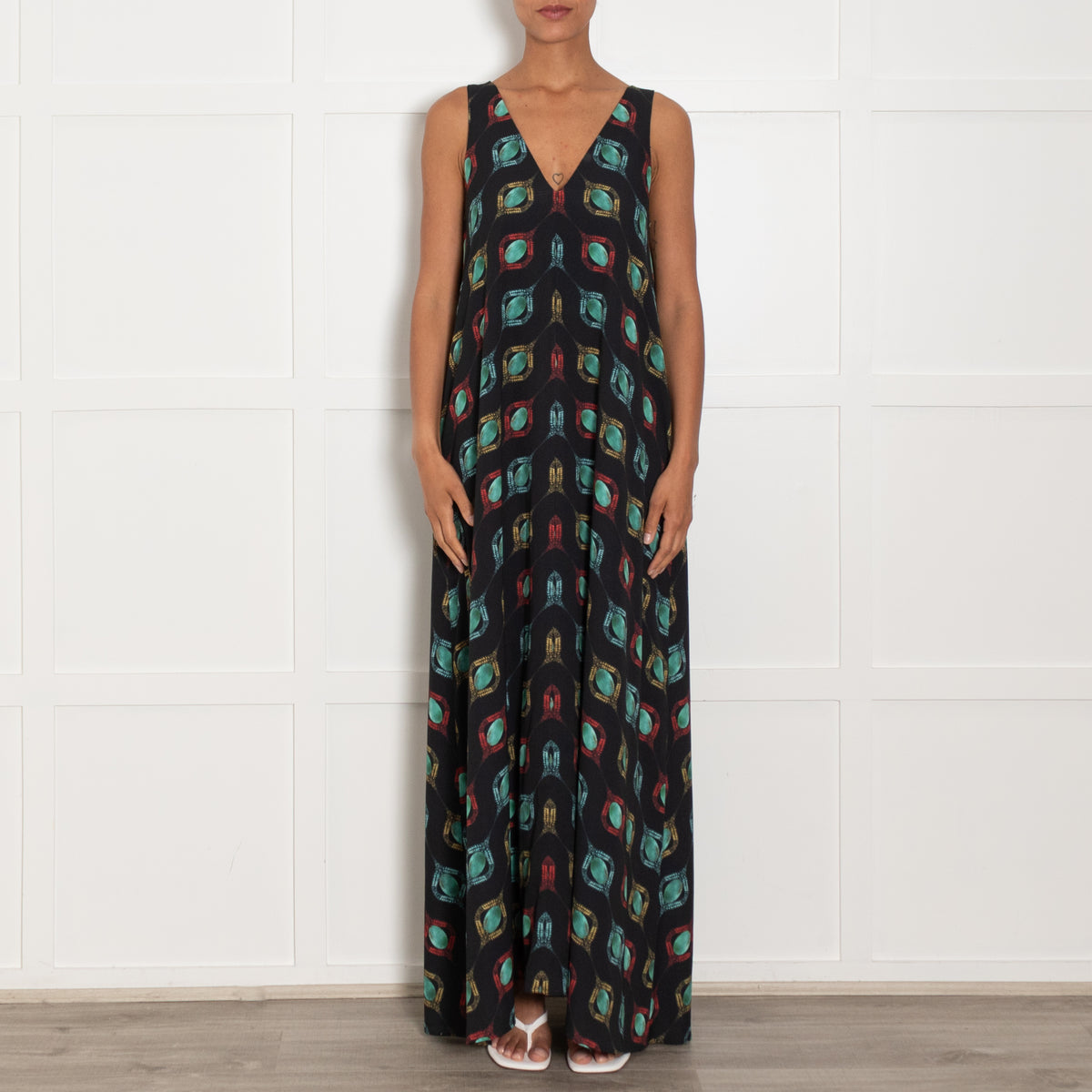 Ekeini Black Green Red Print Sleeveless Maxi Dress