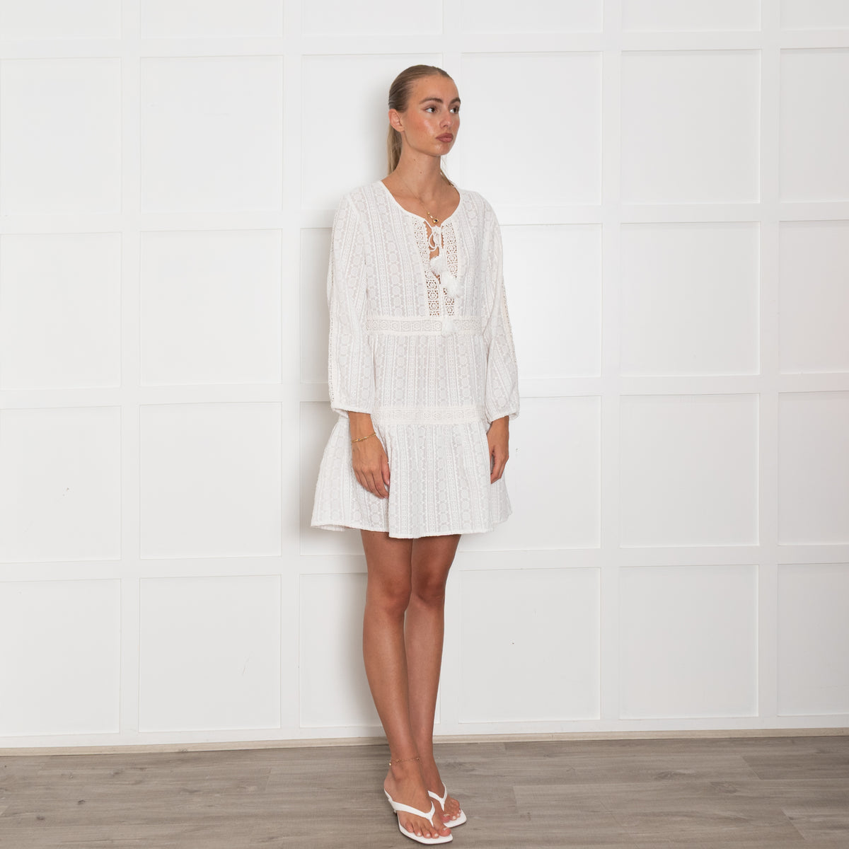 Melissa Odabash Cream Embroidery Short Kaftan Dress