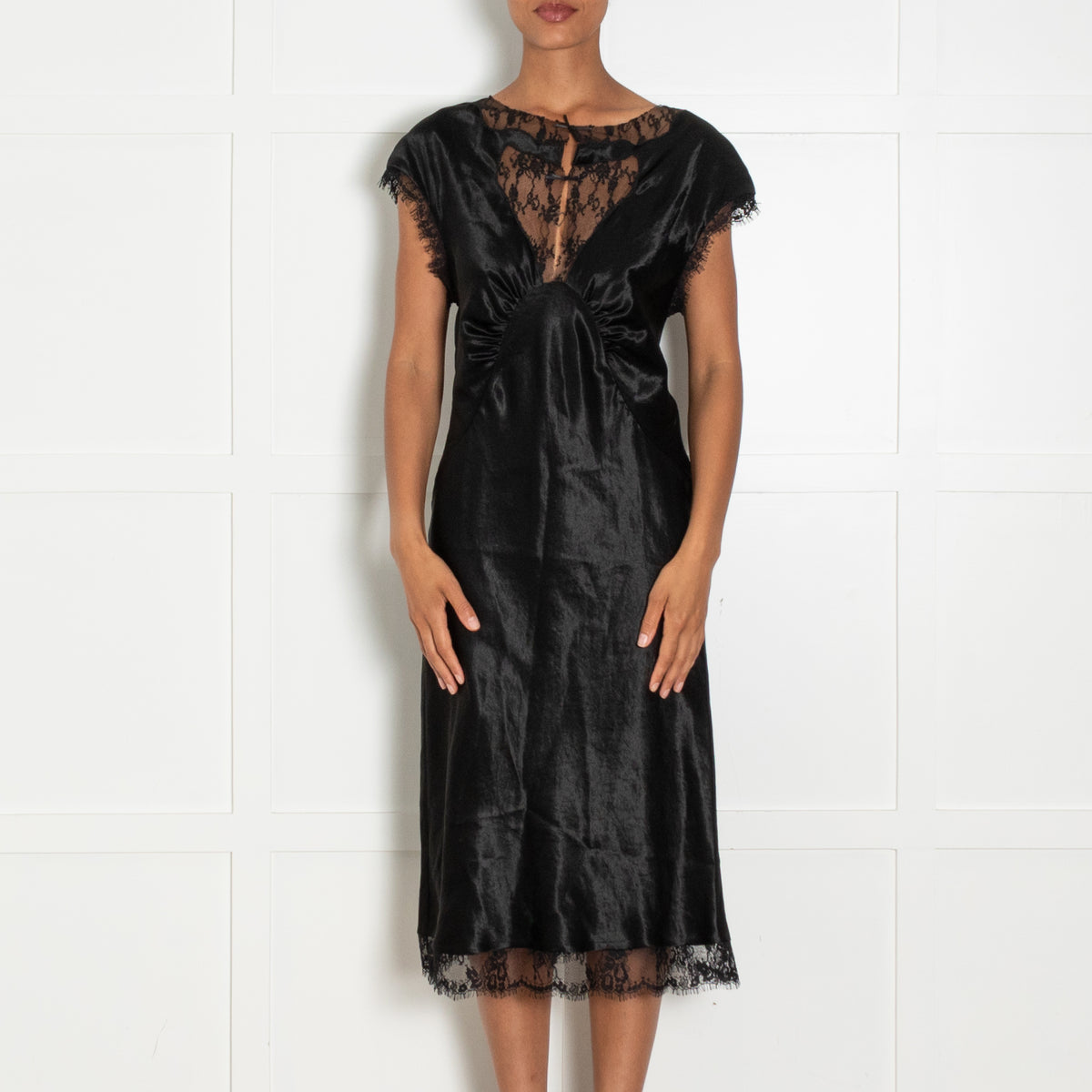 Collina Strada Black Lace Detail Sleeveless Silky Dress