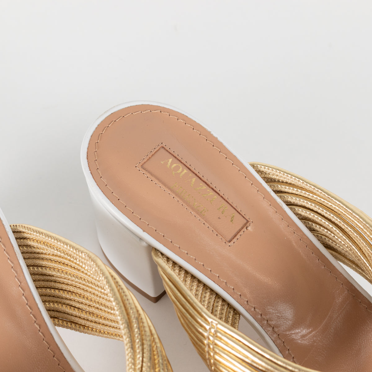 Aquazzura White Gold Leather Rendez Vous Block Heel Sandals