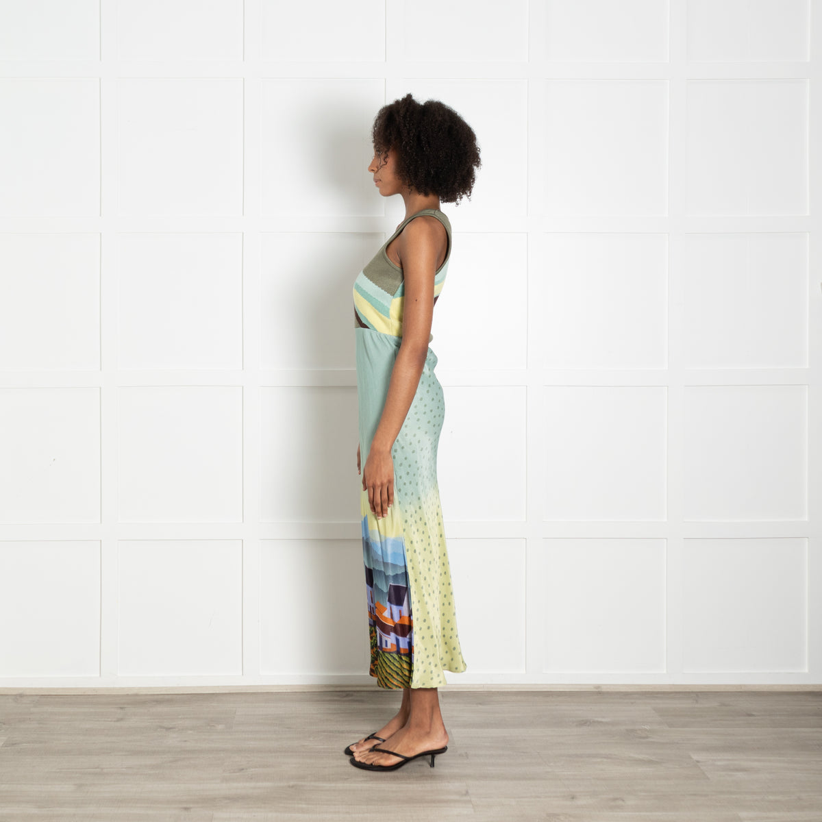 Conditions Apply Sage Green Yellow Khaki Print Sleeveless Dress