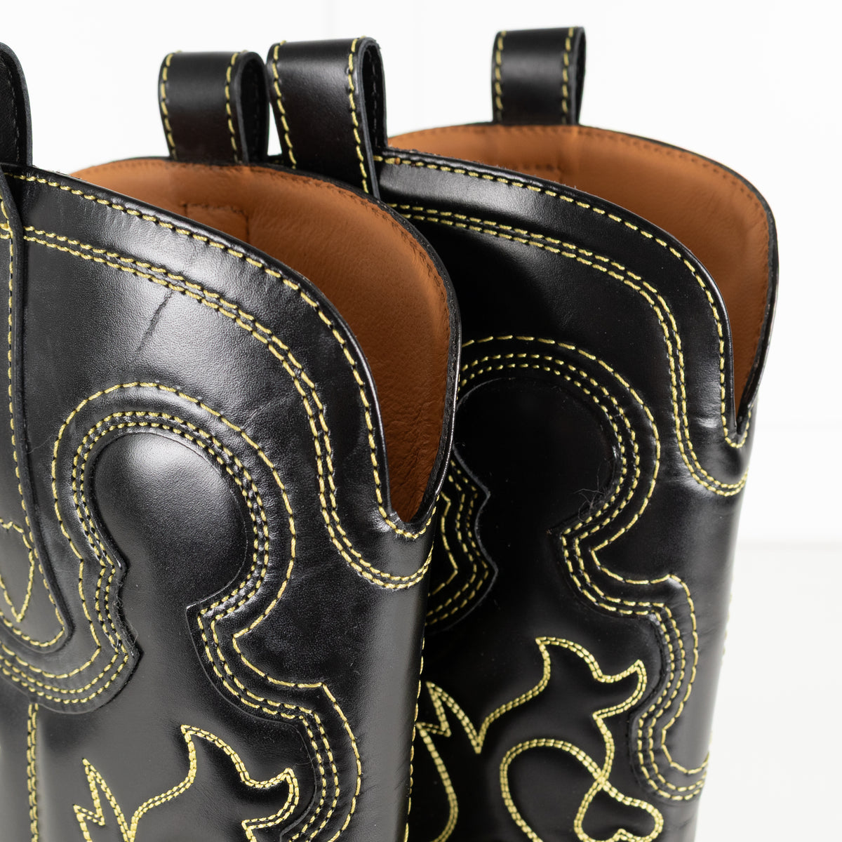 GANNI Mid Shaft Embroidered Western Boot Black/Yellow