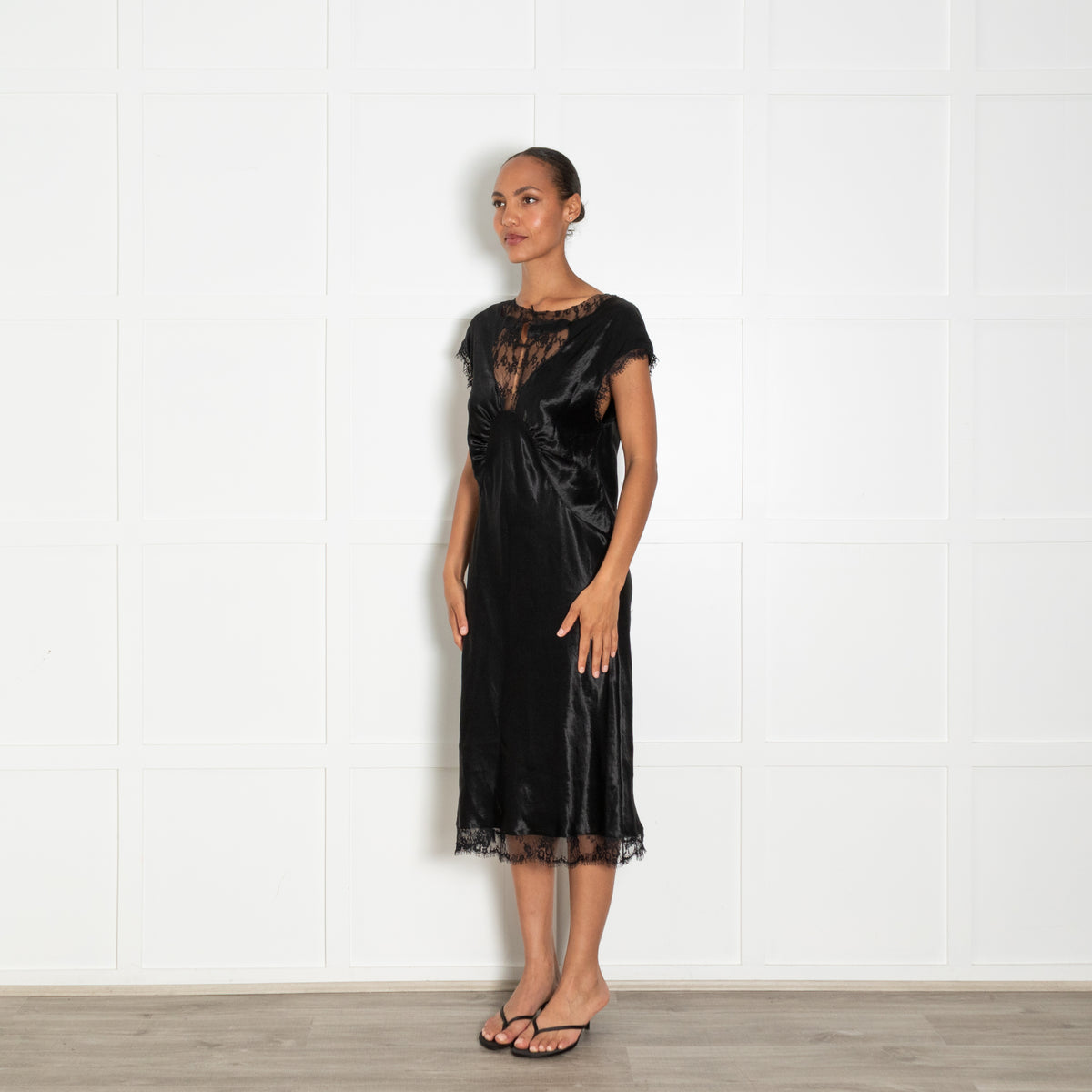 Collina Strada Black Lace Detail Sleeveless Silky Dress