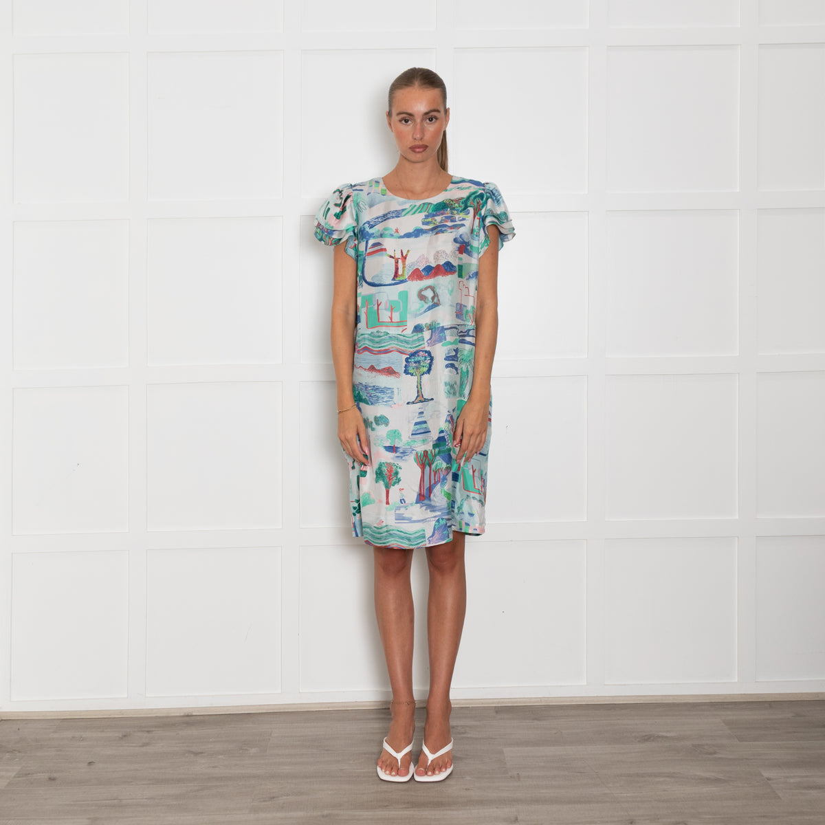 See By Chloe White Blue Green Print Silk Dress