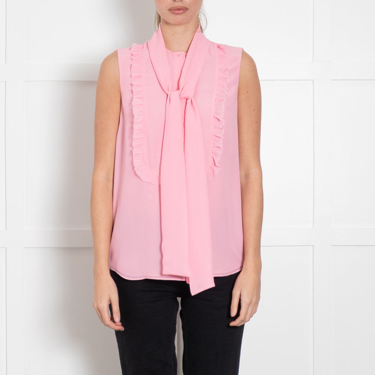 Liu Jo  Sugar Pink Ruffle Front Tie Neck Sleeveless Top